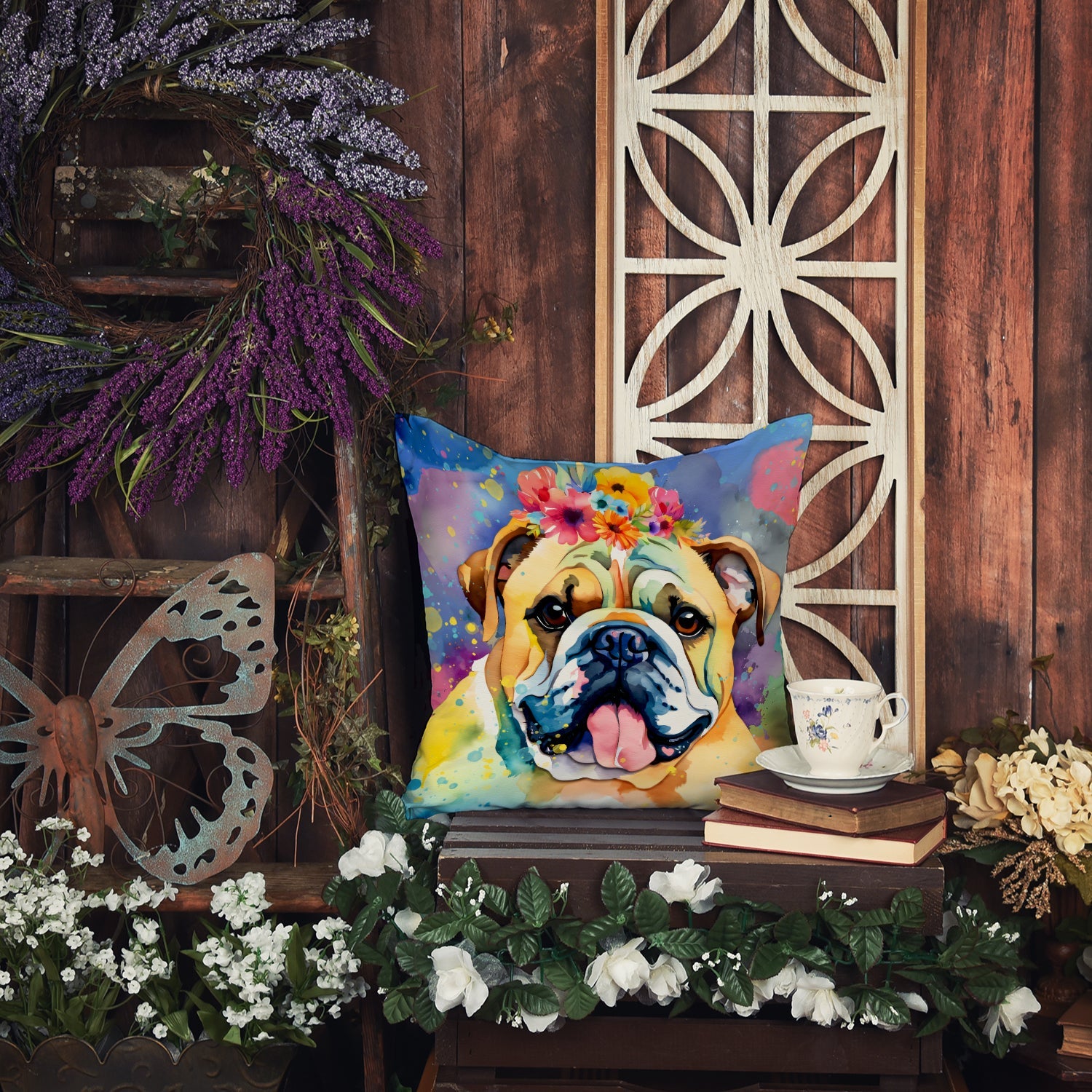 English Bulldog Hippie Dawg Decorative Throw Pillow 18x18 Indoor Outdoor Accent Cushion, Fabric Cover with Insert for Sofa, Bed, Porch & Living Room