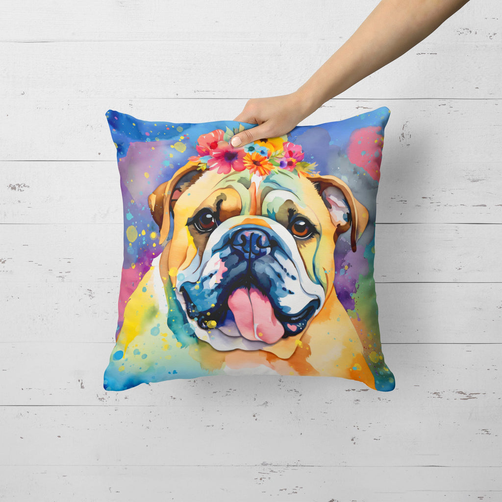 English Bulldog Hippie Dawg Decorative Throw Pillow 18x18 Indoor Outdoor Accent Cushion, Fabric Cover with Insert for Sofa, Bed, Porch & Living Room