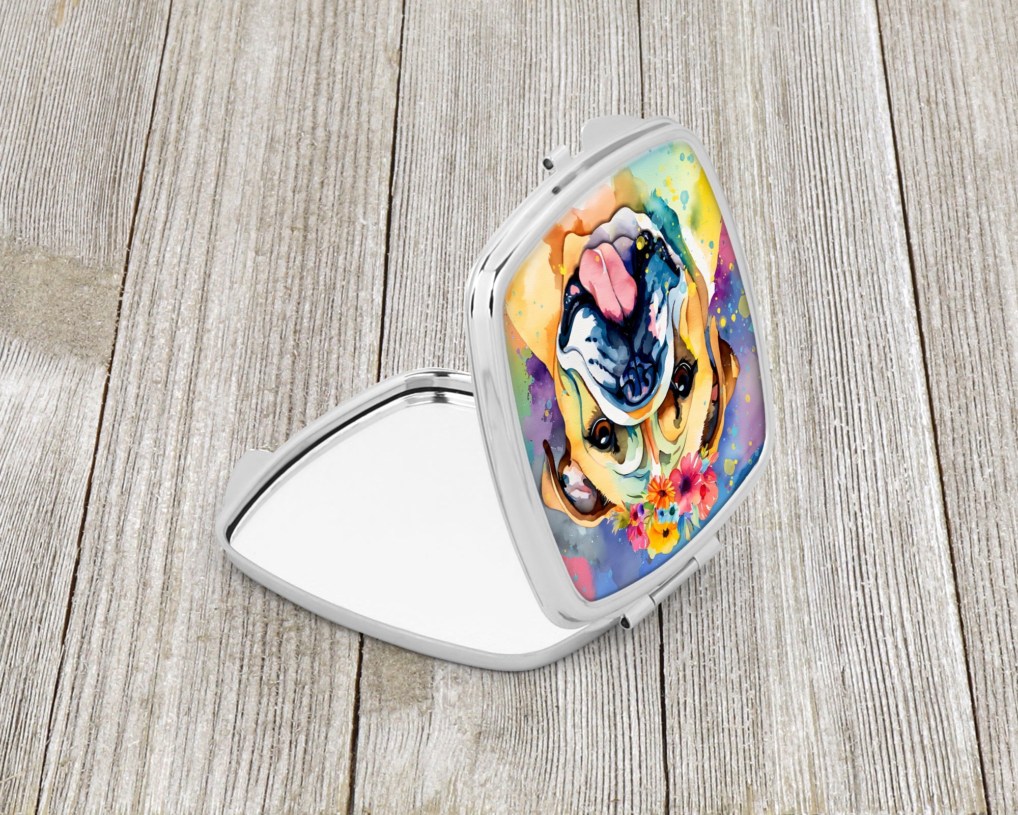 English Bulldog Hippie Dawg Compact Mirror Decorative Travel Makeup Mirror for Women Girls Gifts Pocket Makeup Mirror Folding Handheld