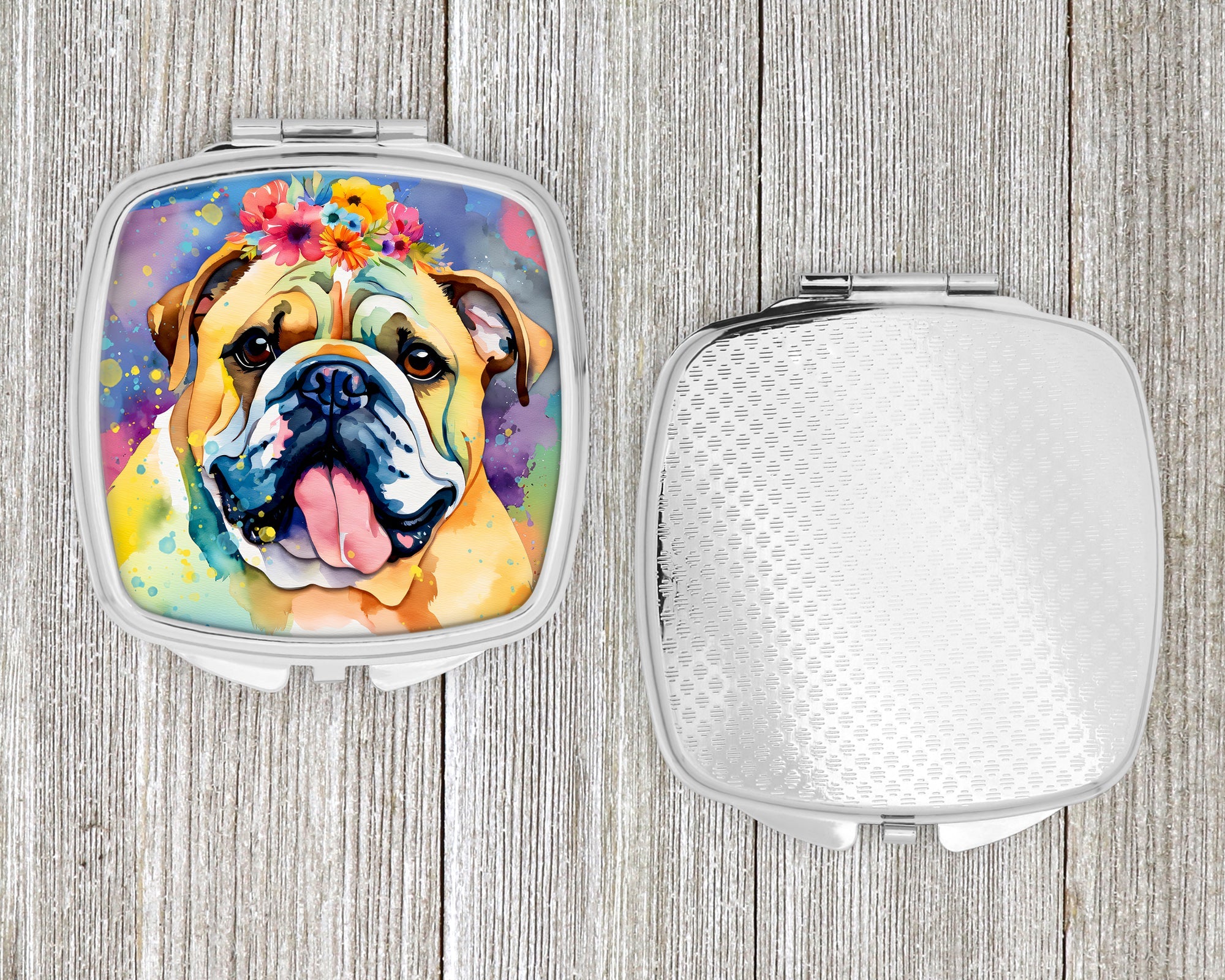 English Bulldog Hippie Dawg Compact Mirror Decorative Travel Makeup Mirror for Women Girls Gifts Pocket Makeup Mirror Folding Handheld