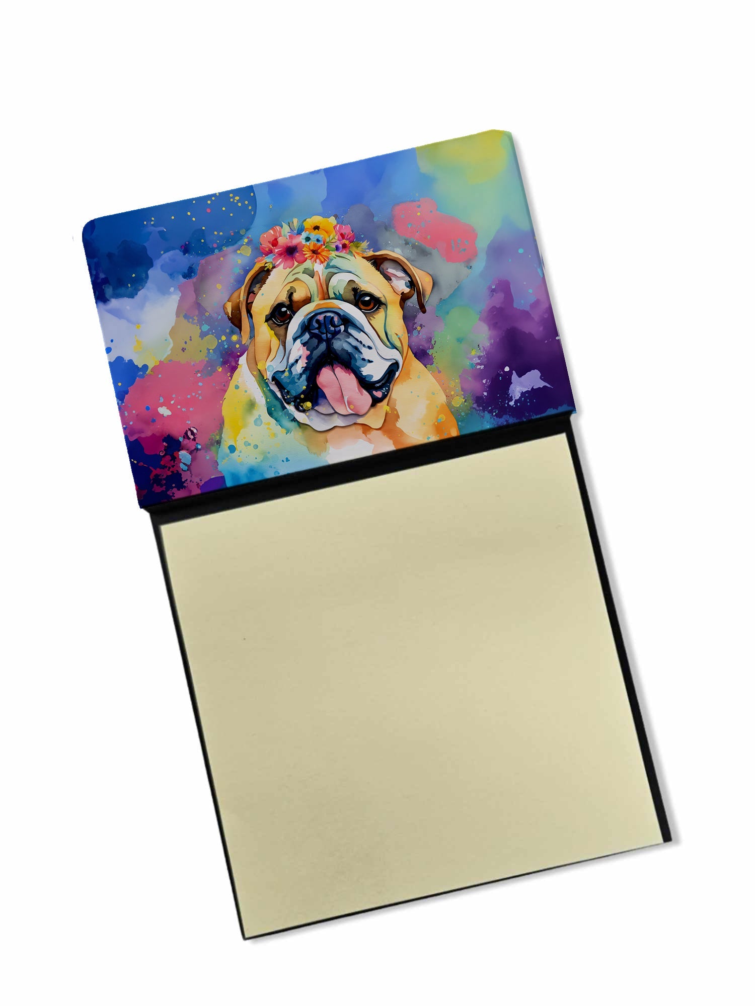 English Bulldog Hippie Dawg Watercolor Sticky Note Holder Refillable Dispenser Desk Accessory 3x3 Pad Gift