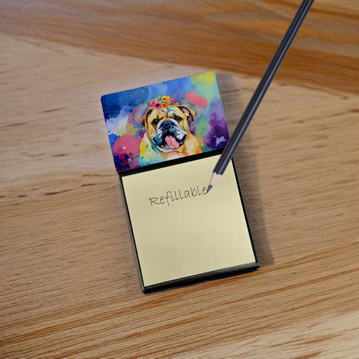 English Bulldog Hippie Dawg Watercolor Sticky Note Holder Refillable Dispenser Desk Accessory 3x3 Pad Gift