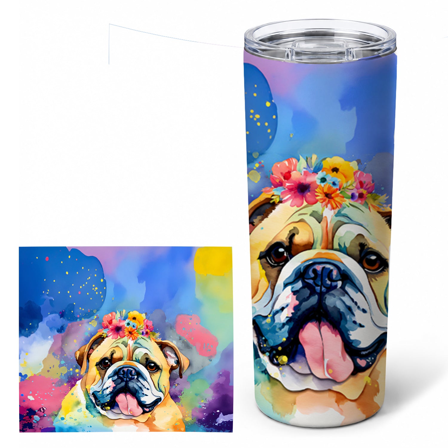 English Bulldog Hippie Dawg Stainless Steel Skinny Tumbler 20 oz Vacuum Double Walled Reusable Insulated Travel Cup