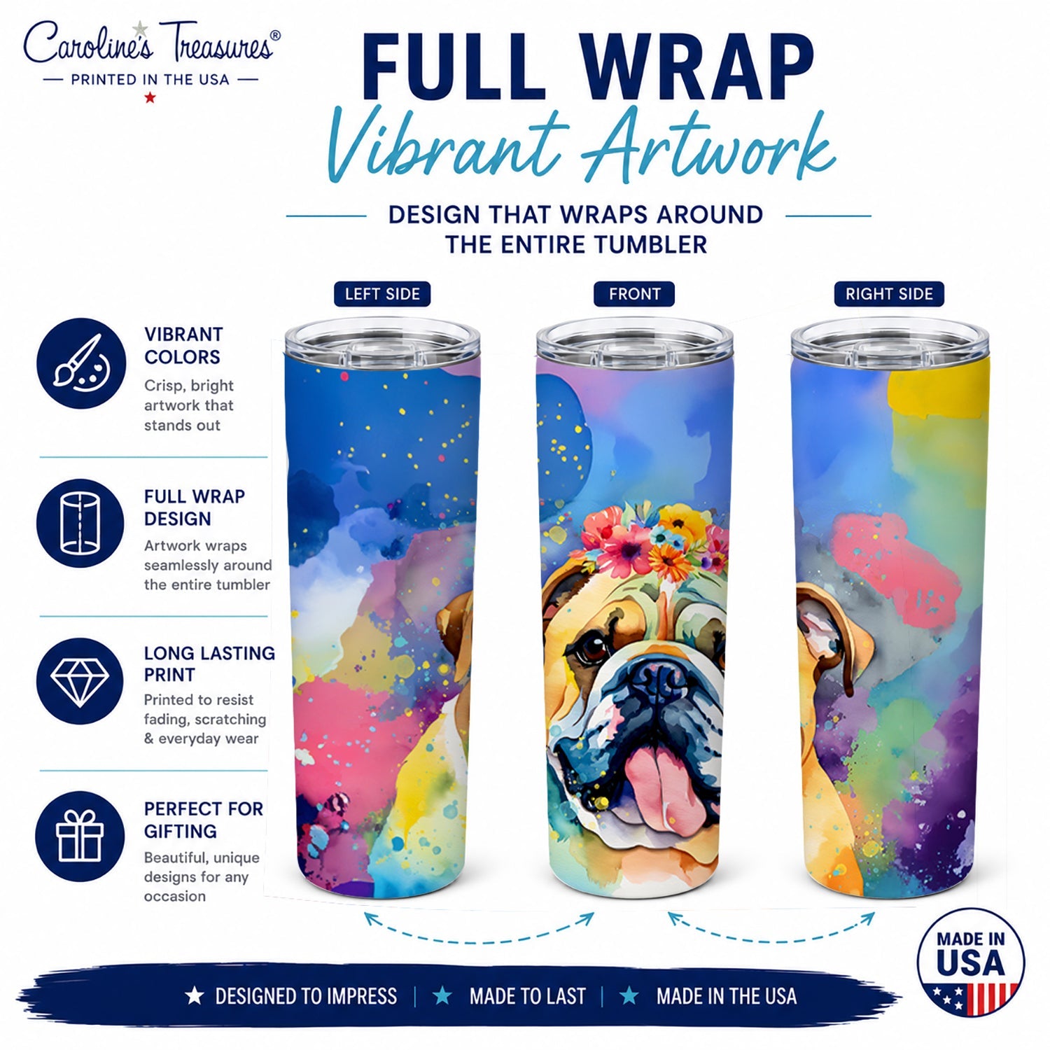English Bulldog Hippie Dawg Stainless Steel Skinny Tumbler 20 oz Vacuum Double Walled Reusable Insulated Travel Cup