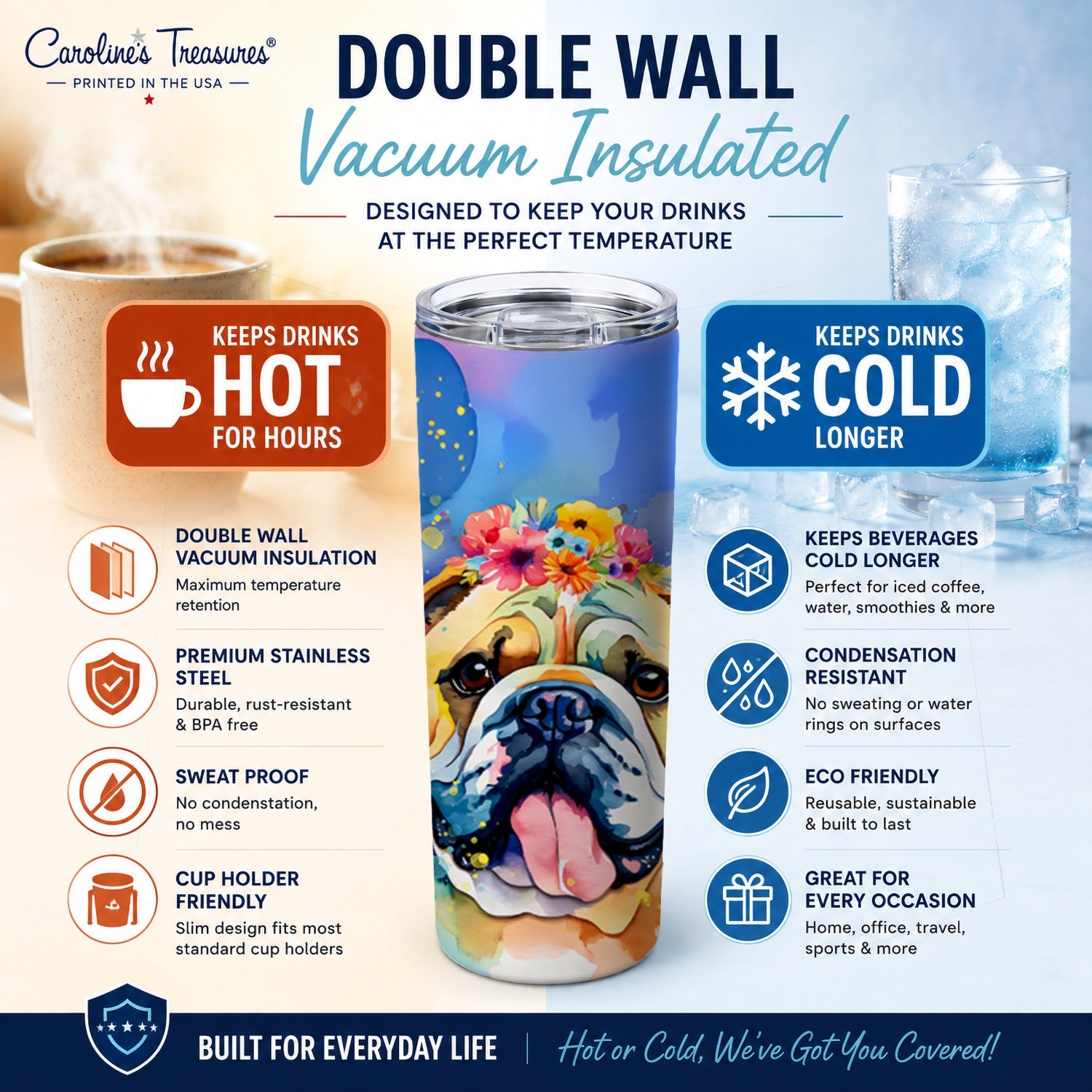 English Bulldog Hippie Dawg Stainless Steel Skinny Tumbler 20 oz Vacuum Double Walled Reusable Insulated Travel Cup