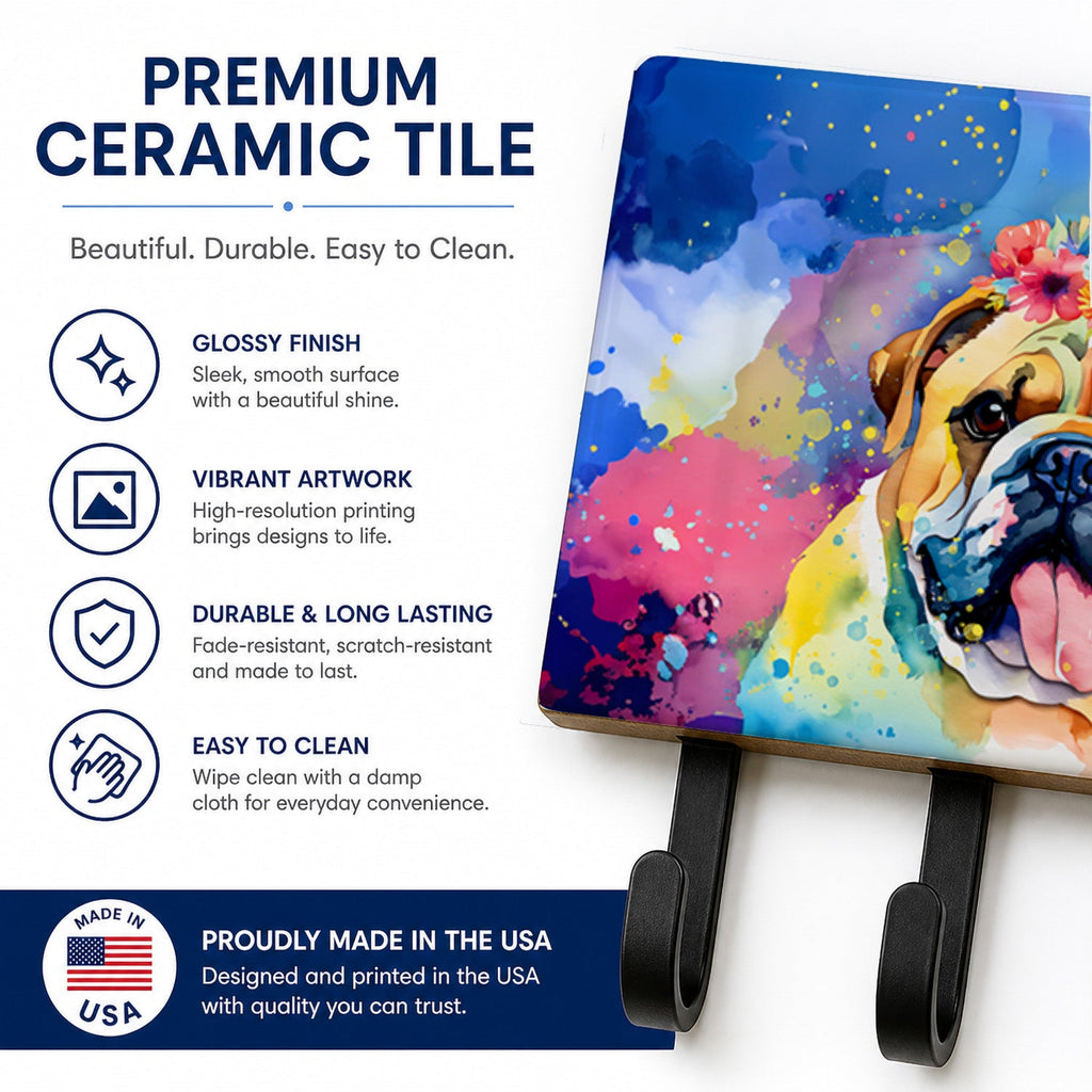 English Bulldog Hippie Dawg Leash or Key Holder Wall Hooks, Coat Rack Wall Mount, for Hanging Keys, Towels, Aprons, Leashes