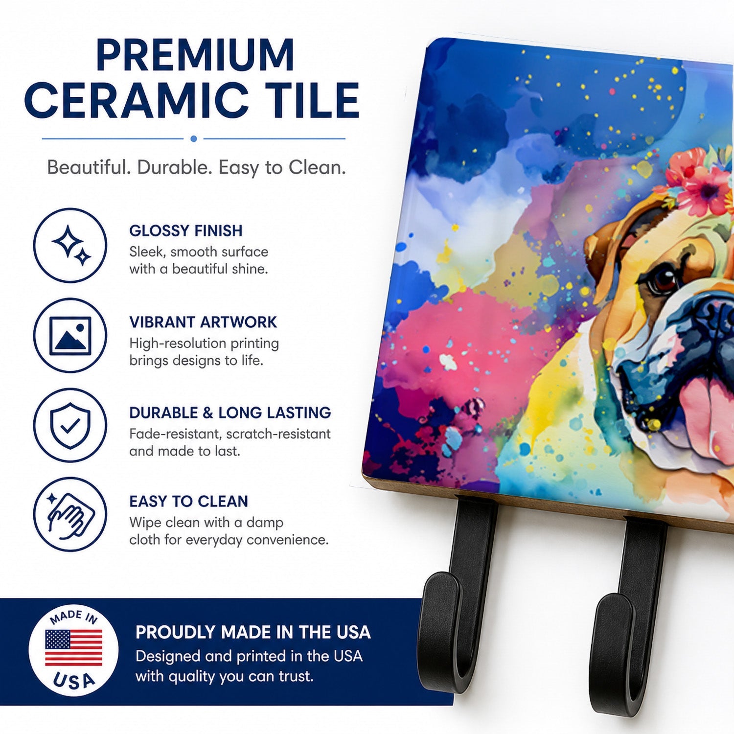 English Bulldog Hippie Dawg Leash or Key Holder Wall Hooks, Coat Rack Wall Mount, for Hanging Keys, Towels, Aprons, Leashes