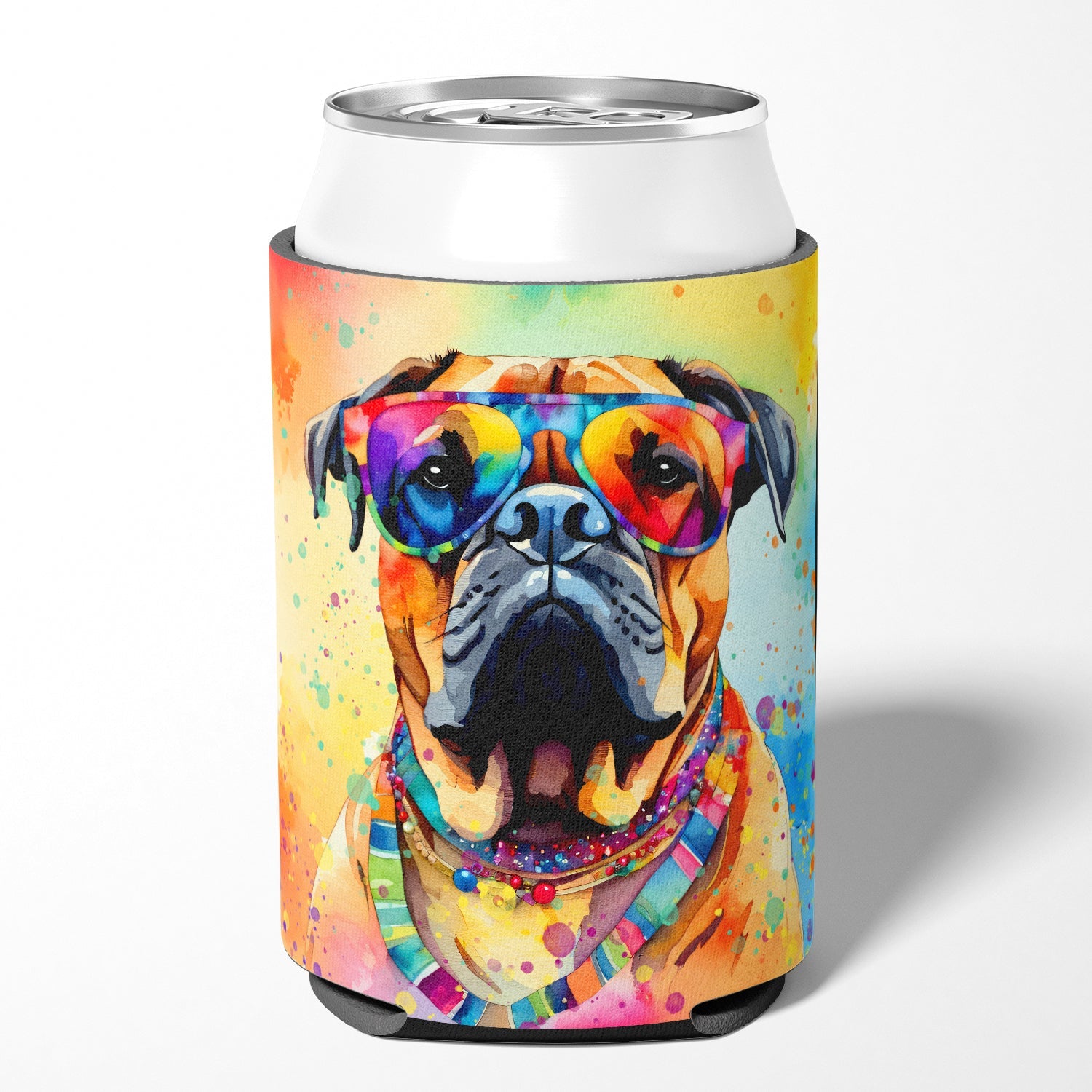 Bullmastiff Hippie Dawg Can or Bottle Hugger Cooler Sleeve for Standard 12 oz Cans, Insulated Foam Beer & Soda Can Hugger Reusable