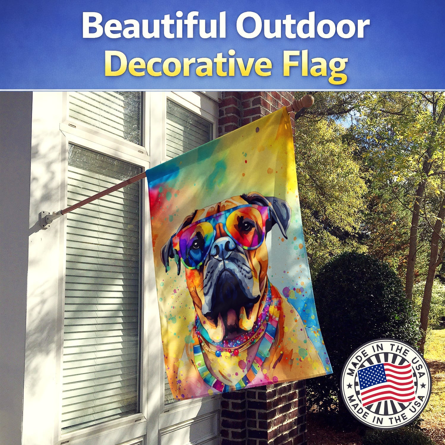 Bullmastiff Hippie Dawg House Flag 28x40 Porch Sleeve Pole Decorative Outside Yard Banner Artwork Wall Hanging, Polyester