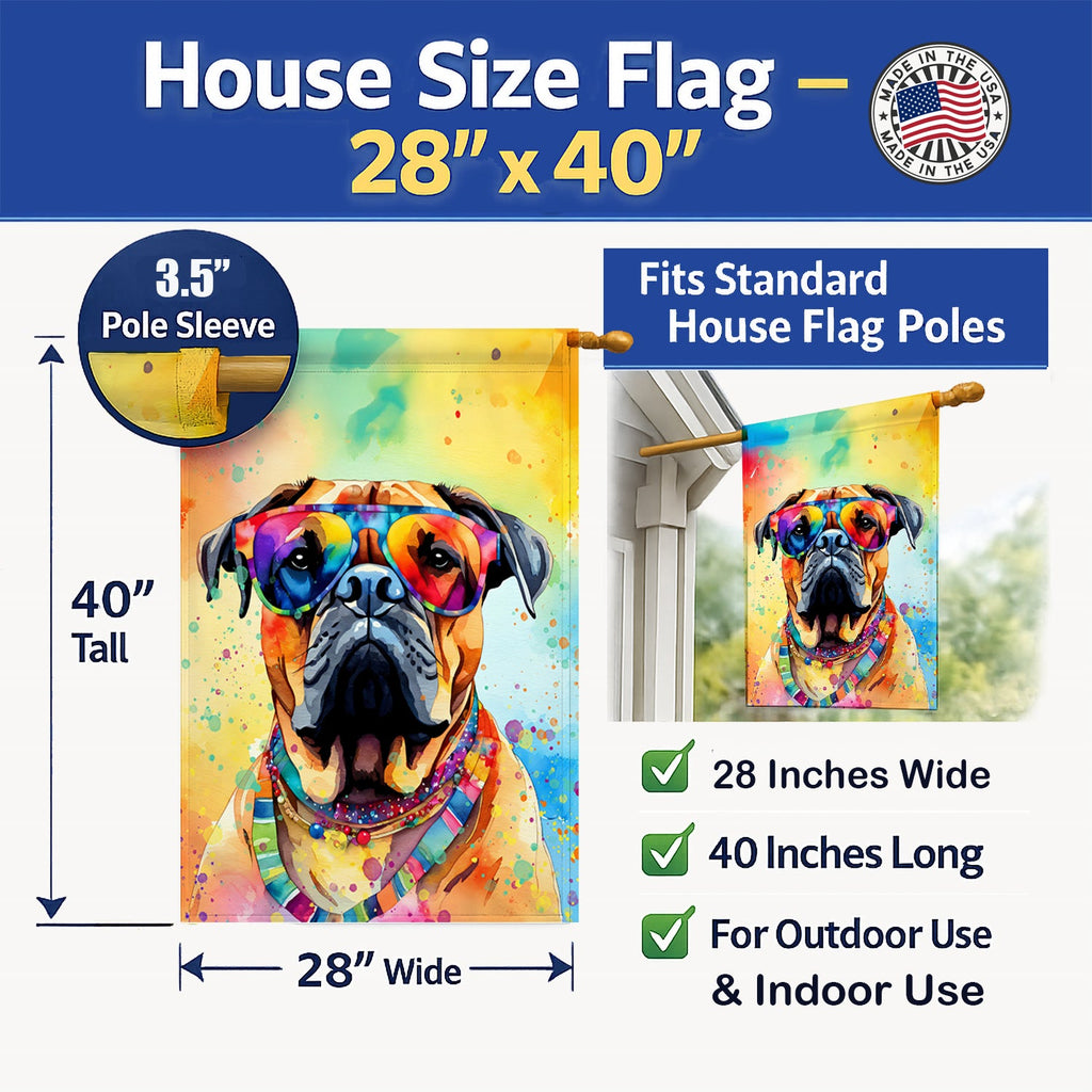 Bullmastiff Hippie Dawg House Flag 28x40 Porch Sleeve Pole Decorative Outside Yard Banner Artwork Wall Hanging, Polyester