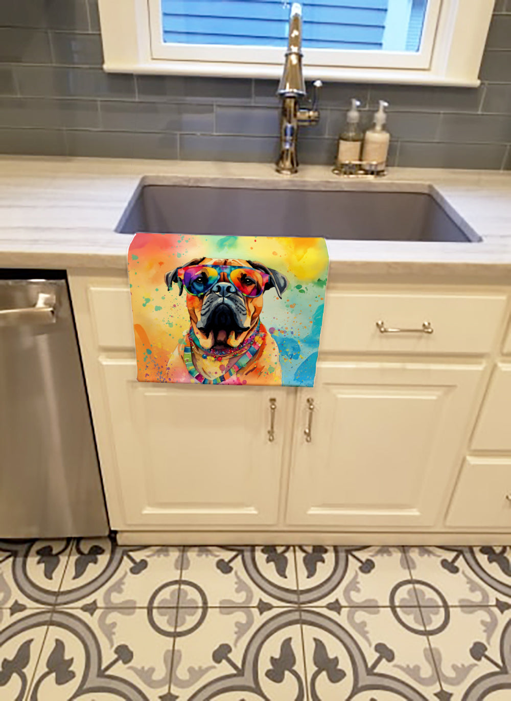 Bullmastiff Hippie Dawg Kitchen Towel Velour Plush Front and Cotton Loop Back Machine Washable