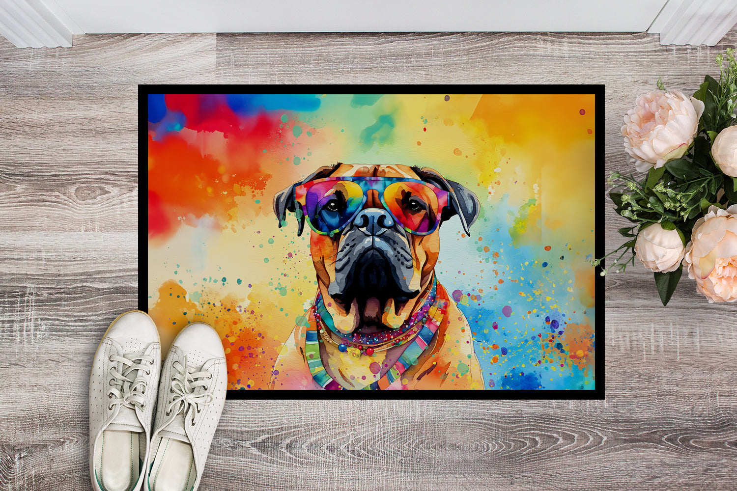 Bullmastiff Hippie Dawg Doormat Indoor Outdoor 18H X 27W Front Door Mat Rugs for Entryway, Non Slip Washable