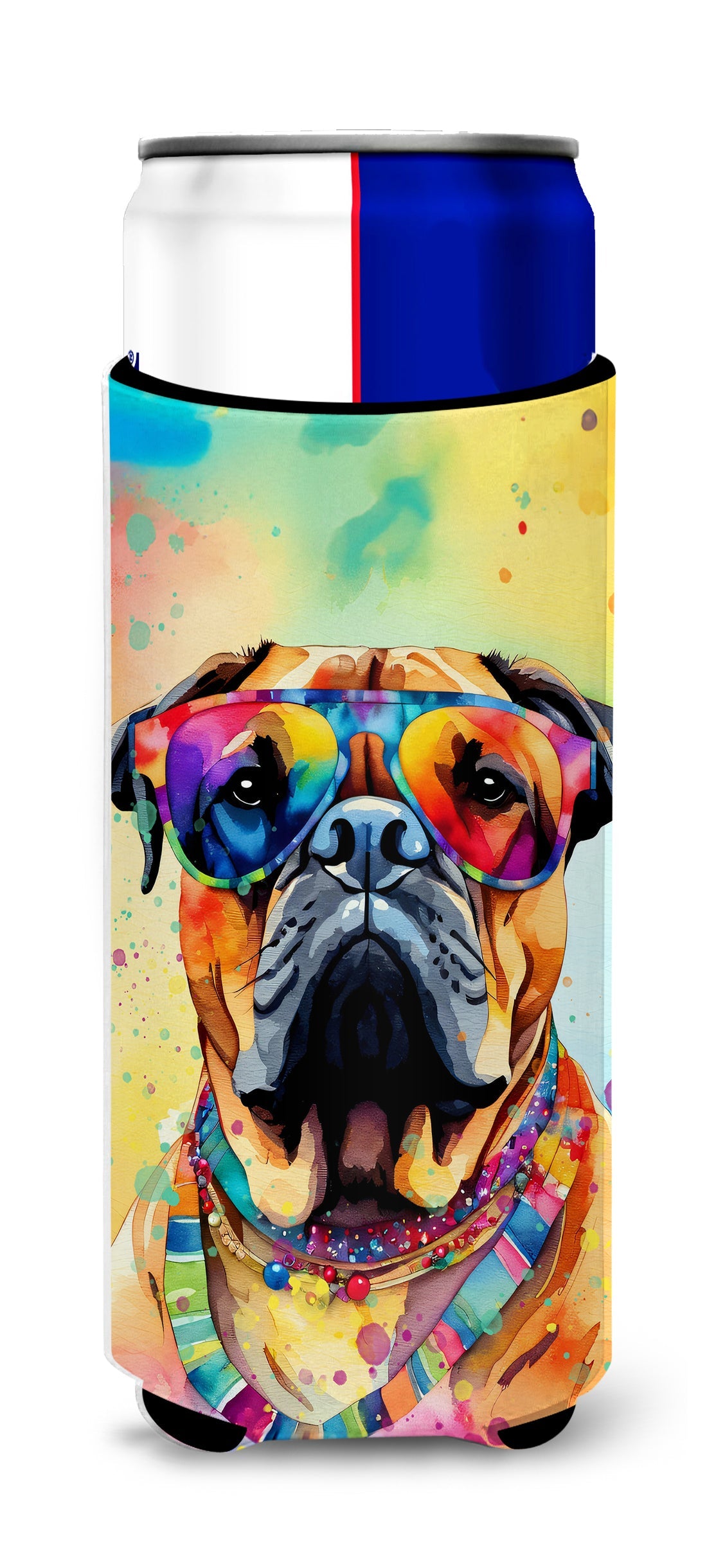 Bullmastiff Hippie Dawg Slim Can Hugger , Insulated Foam Hugger for 12 oz Slim Cans, Beer Bottles & Water Bottles, Printed in USA