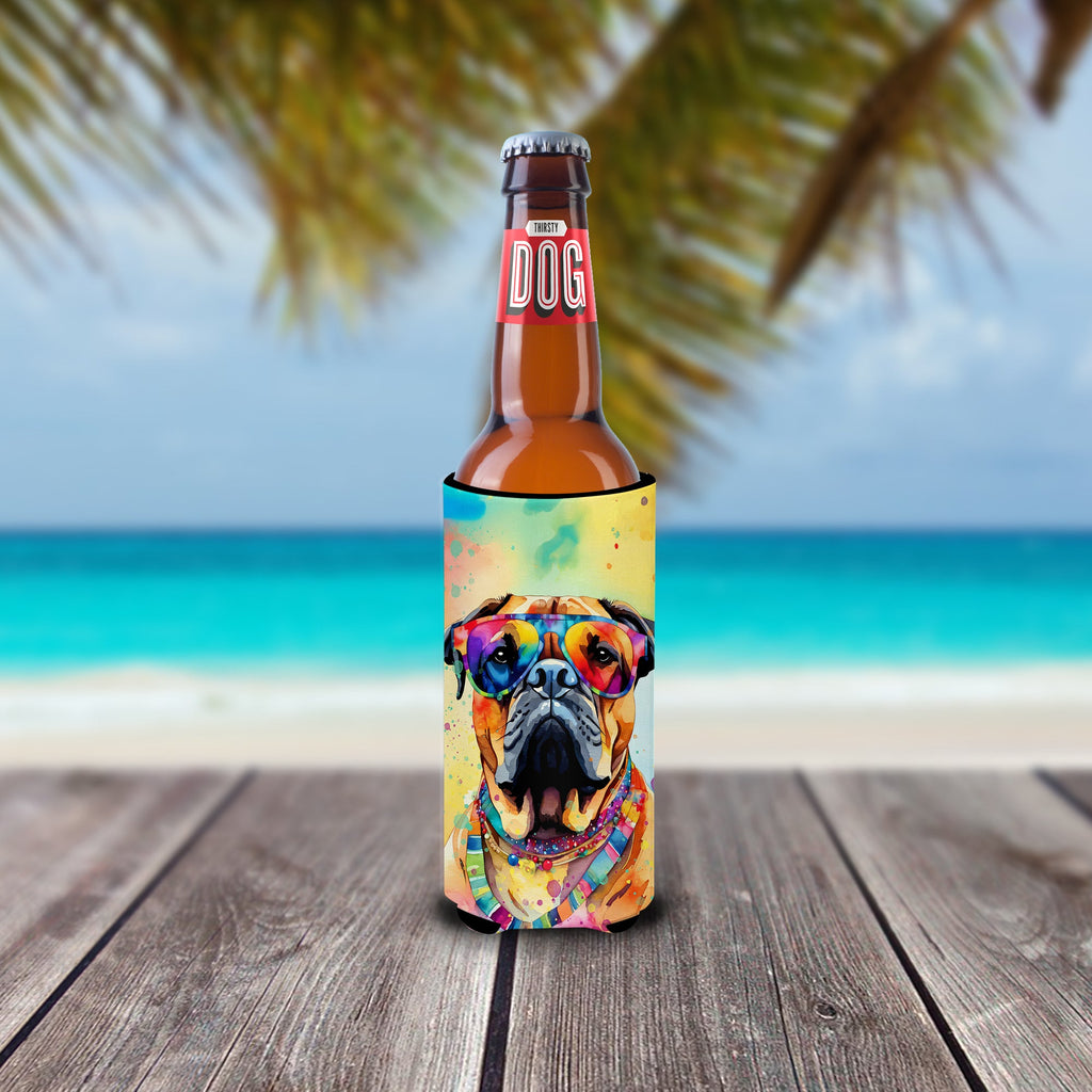 Bullmastiff Hippie Dawg Slim Can Hugger , Insulated Foam Hugger for 12 oz Slim Cans, Beer Bottles & Water Bottles, Printed in USA