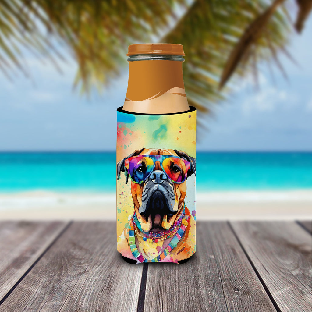 Bullmastiff Hippie Dawg Slim Can Hugger , Insulated Foam Hugger for 12 oz Slim Cans, Beer Bottles & Water Bottles, Printed in USA