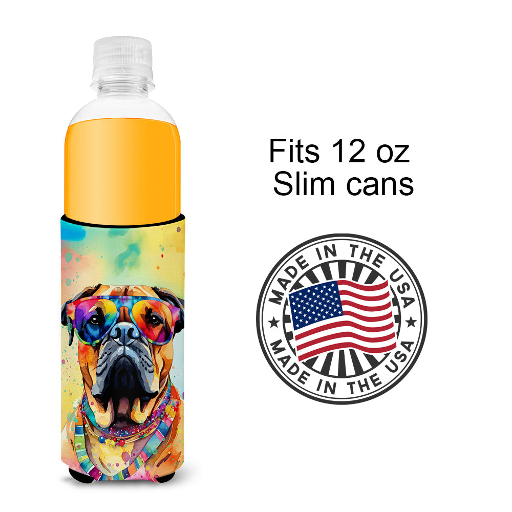 Bullmastiff Hippie Dawg Slim Can Hugger , Insulated Foam Hugger for 12 oz Slim Cans, Beer Bottles & Water Bottles, Printed in USA