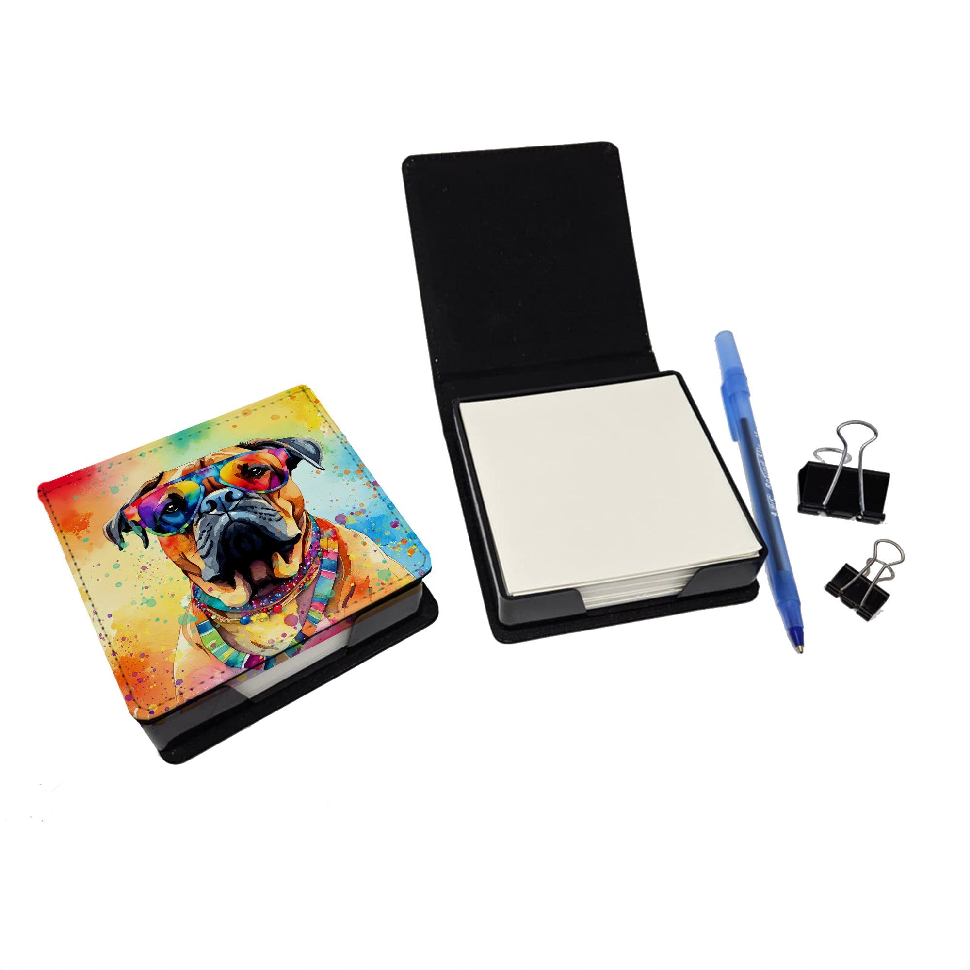 Bullmastiff Hippie Dawg PU Leather Note Paper Holder with Artist-Designed Cover, Desk Accessory, Office Gift
