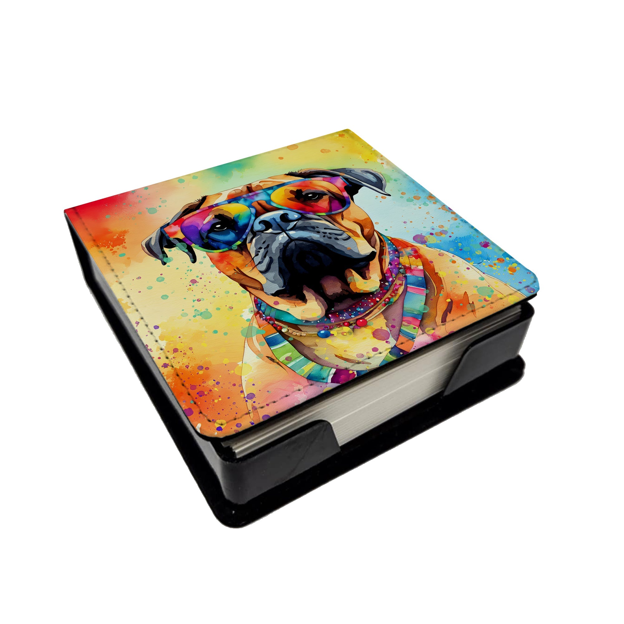 Bullmastiff Hippie Dawg PU Leather Note Paper Holder with Artist-Designed Cover, Desk Accessory, Office Gift