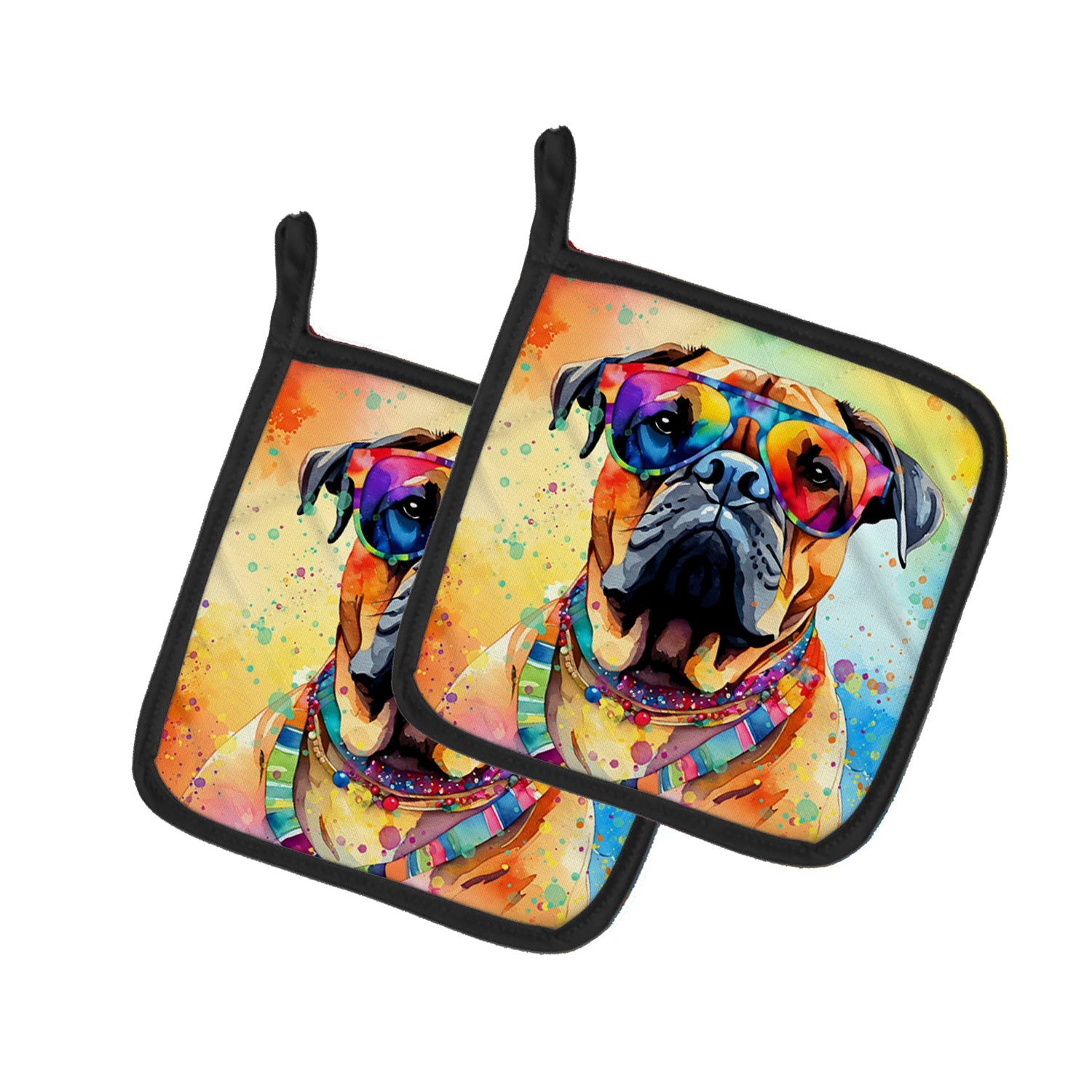 Bullmastiff Hippie Dawg Pot Holder Set of 2 Heat Resistant Quilted Hot Pads 7.5 x 7.5 Inch, Insulated Kitchen Trivets for Cooking & Baking