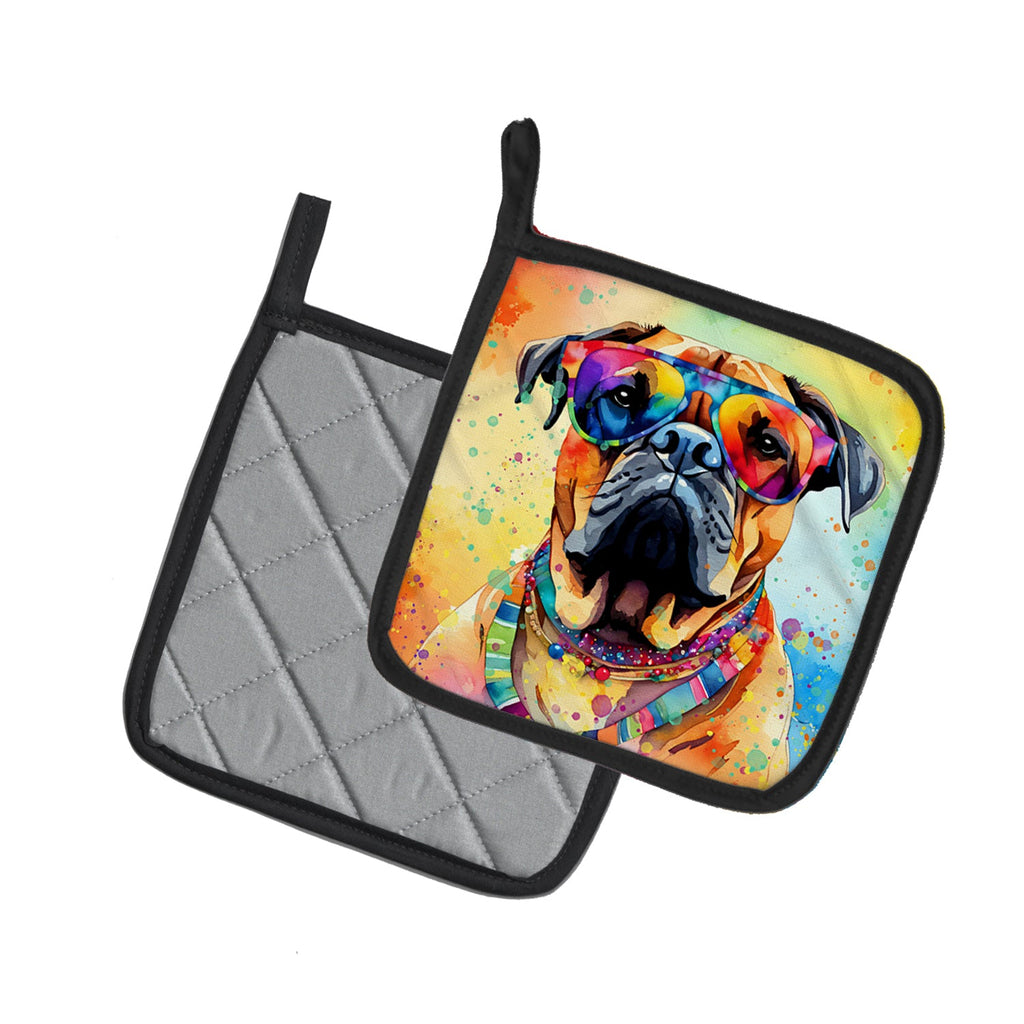 Bullmastiff Hippie Dawg Pot Holder Set of 2 Heat Resistant Quilted Hot Pads 7.5 x 7.5 Inch, Insulated Kitchen Trivets for Cooking & Baking