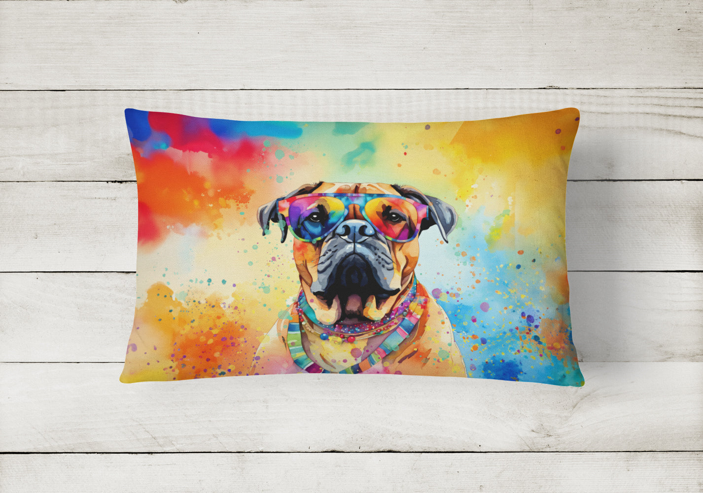 Bullmastiff Hippie Dawg Decorative Throw Pillow 12x16 Indoor Outdoor Accent Cushion, Fabric Cover with Insert for Sofa, Bed, Porch & Living Room