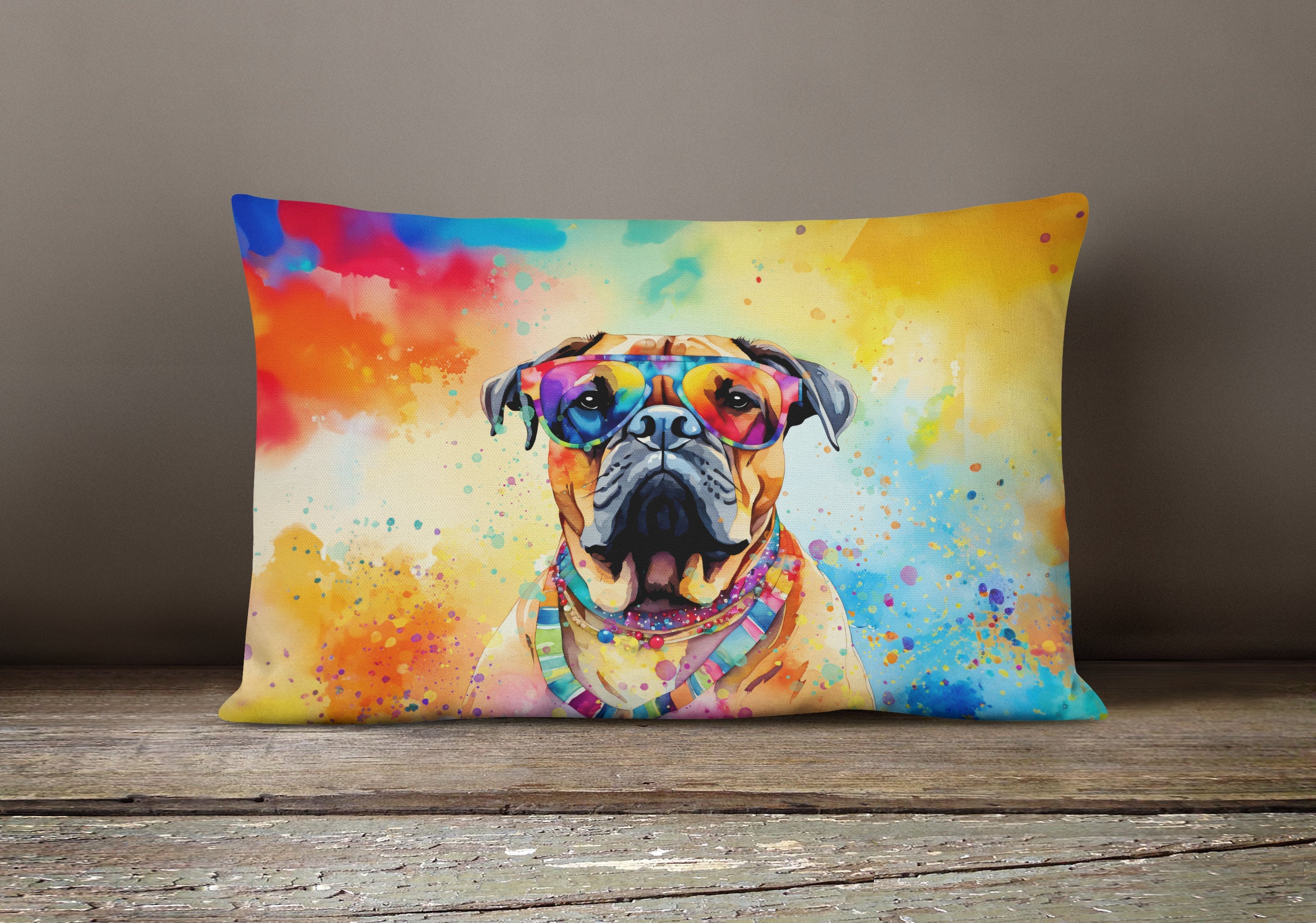 Bullmastiff Hippie Dawg Decorative Throw Pillow 12x16 Indoor Outdoor Accent Cushion, Fabric Cover with Insert for Sofa, Bed, Porch & Living Room