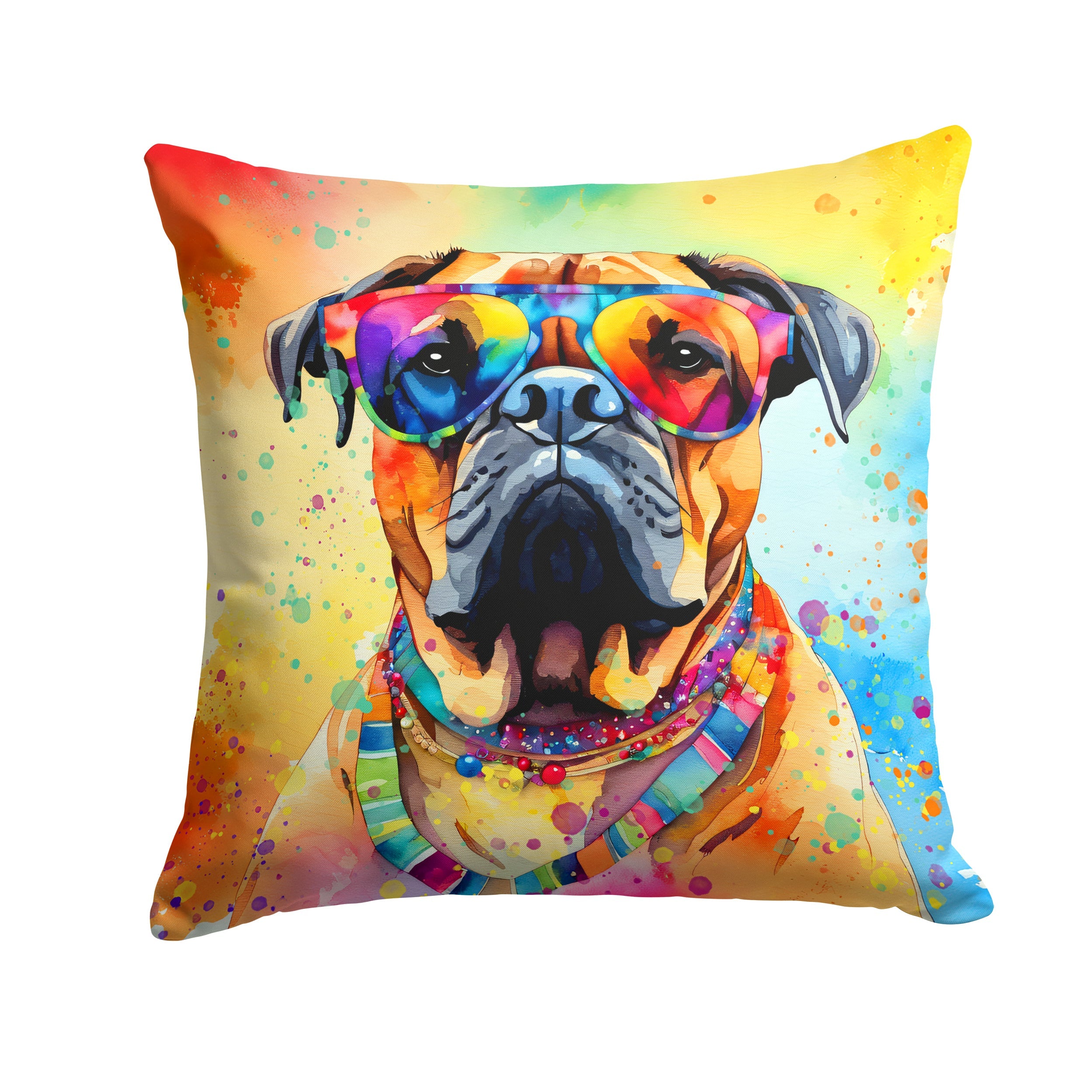 Bullmastiff Hippie Dawg Decorative Throw Pillow 14x14 Indoor Outdoor Accent Cushion, Fabric Cover with Insert for Sofa, Bed, Porch & Living Room