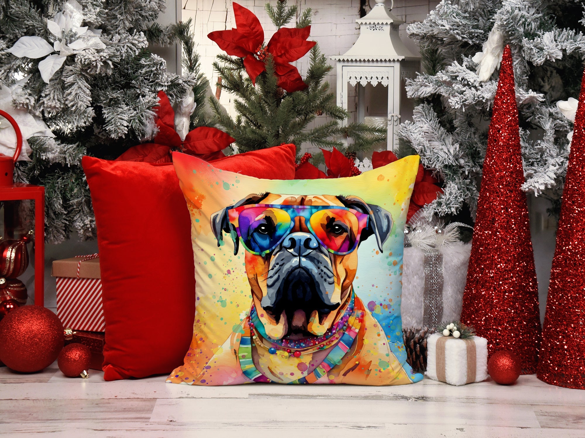 Bullmastiff Hippie Dawg Decorative Throw Pillow 14x14 Indoor Outdoor Accent Cushion, Fabric Cover with Insert for Sofa, Bed, Porch & Living Room