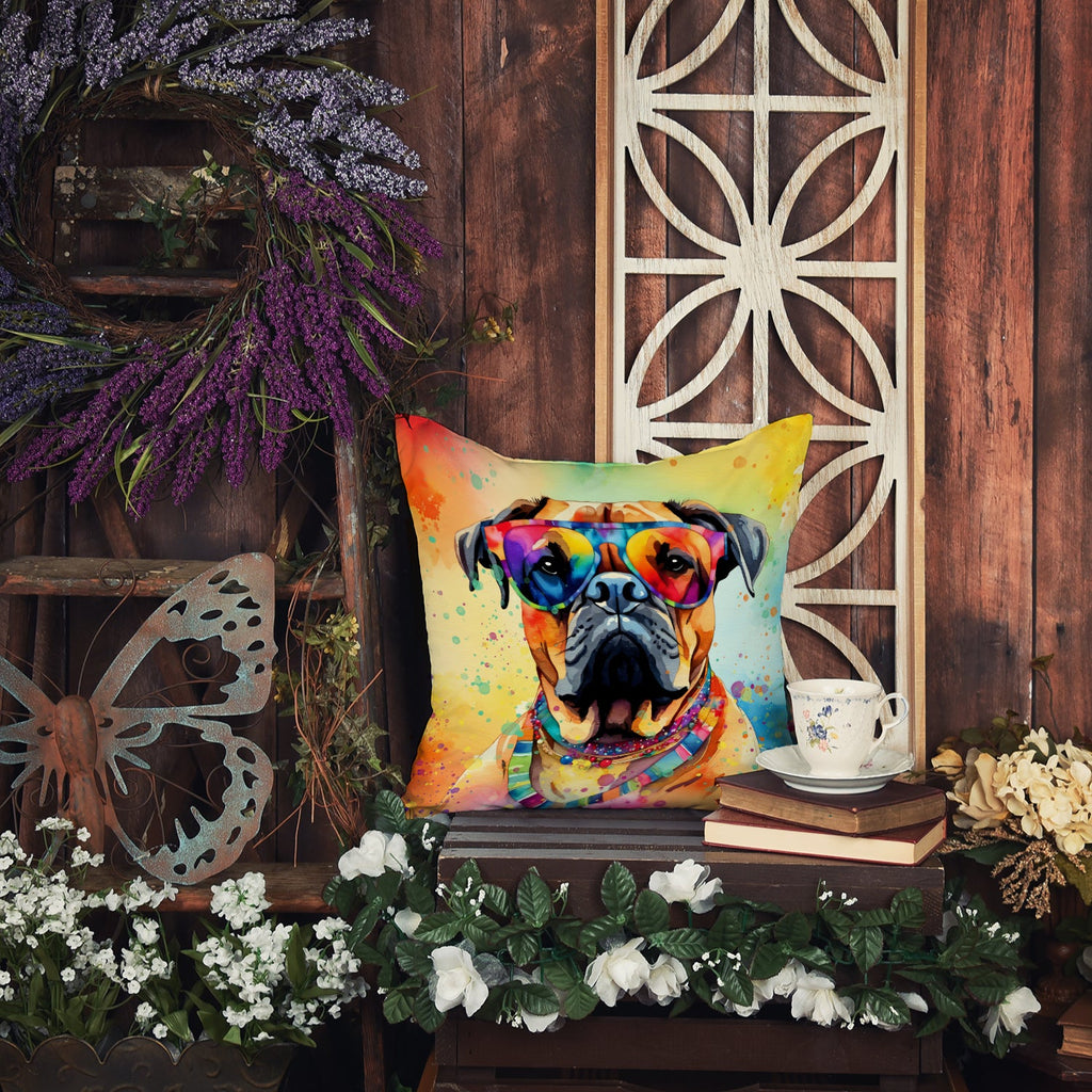 Bullmastiff Hippie Dawg Decorative Throw Pillow 14x14 Indoor Outdoor Accent Cushion, Fabric Cover with Insert for Sofa, Bed, Porch & Living Room
