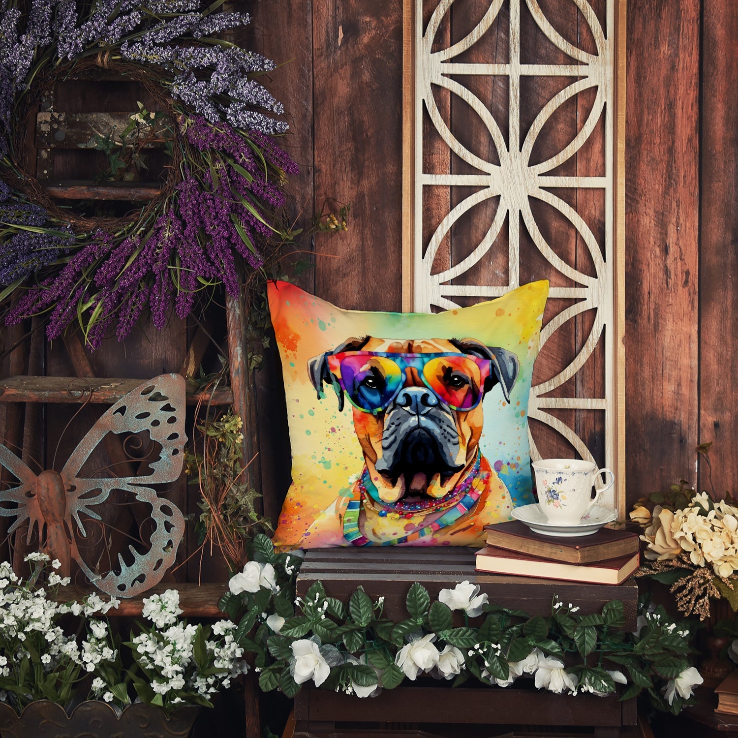 Bullmastiff Hippie Dawg Decorative Throw Pillow 14x14 Indoor Outdoor Accent Cushion, Fabric Cover with Insert for Sofa, Bed, Porch & Living Room