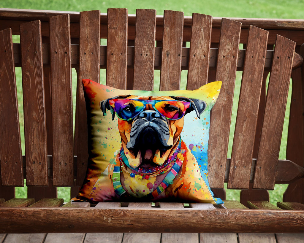 Bullmastiff Hippie Dawg Decorative Throw Pillow 14x14 Indoor Outdoor Accent Cushion, Fabric Cover with Insert for Sofa, Bed, Porch & Living Room