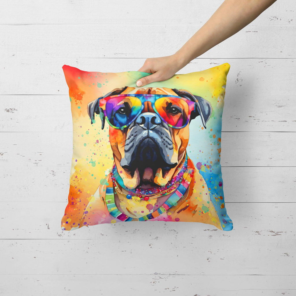 Bullmastiff Hippie Dawg Decorative Throw Pillow 18x18 Indoor Outdoor Accent Cushion, Fabric Cover with Insert for Sofa, Bed, Porch & Living Room