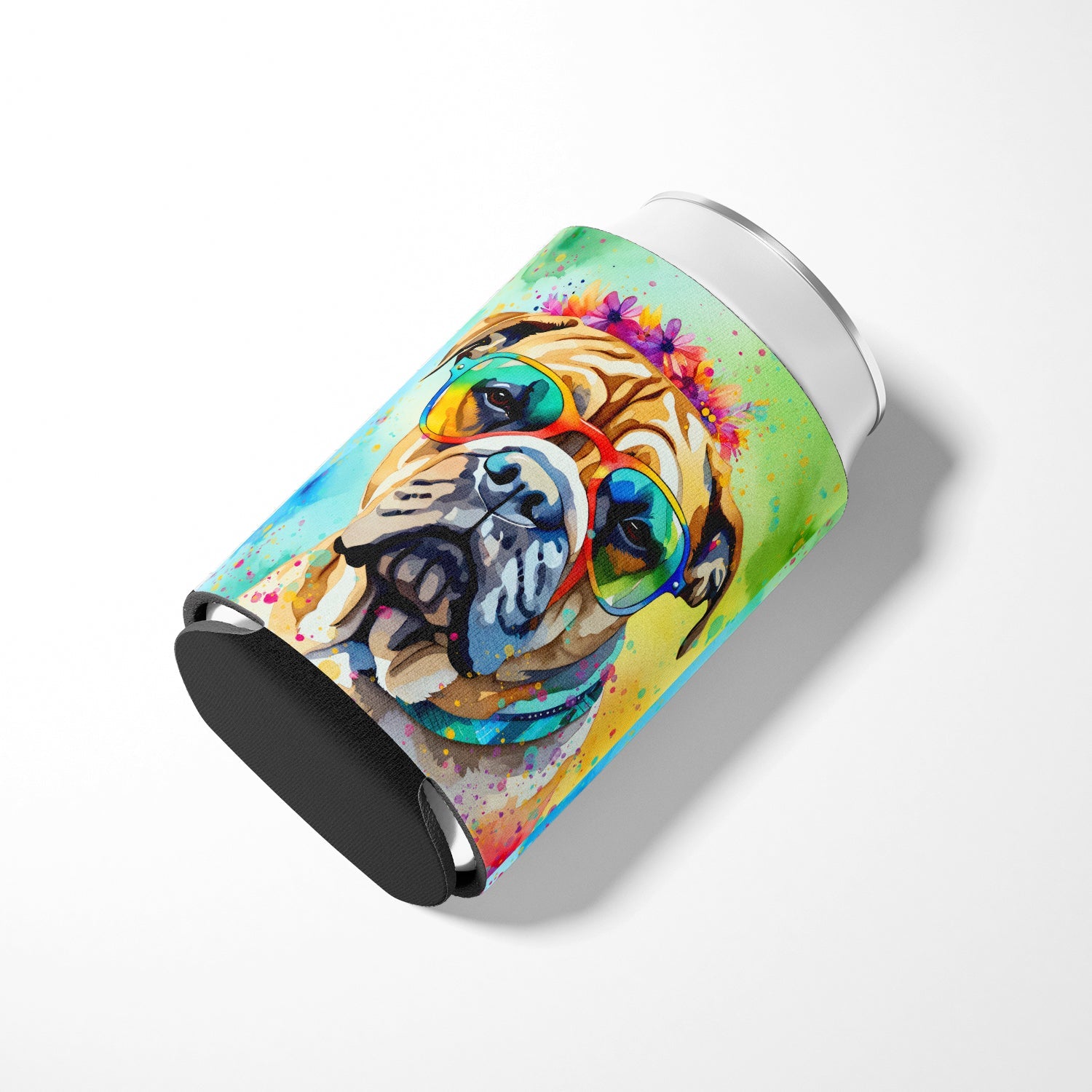 Bullmastiff Hippie Dawg Can or Bottle Hugger Cooler Sleeve for Standard 12 oz Cans, Insulated Foam Beer & Soda Can Hugger Reusable