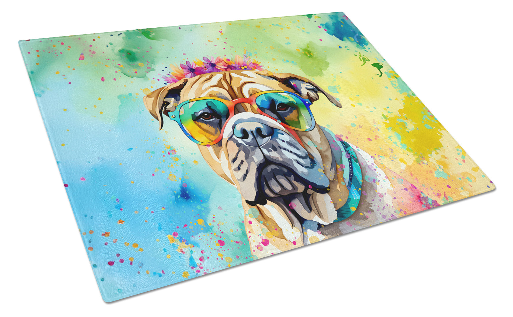 Bullmastiff Hippie Dawg Cutting Board Tempered Glass Kitchen Cutting Surface, Heat Resistant Chopping, Non-Slip Feet, Food Prep & Serving