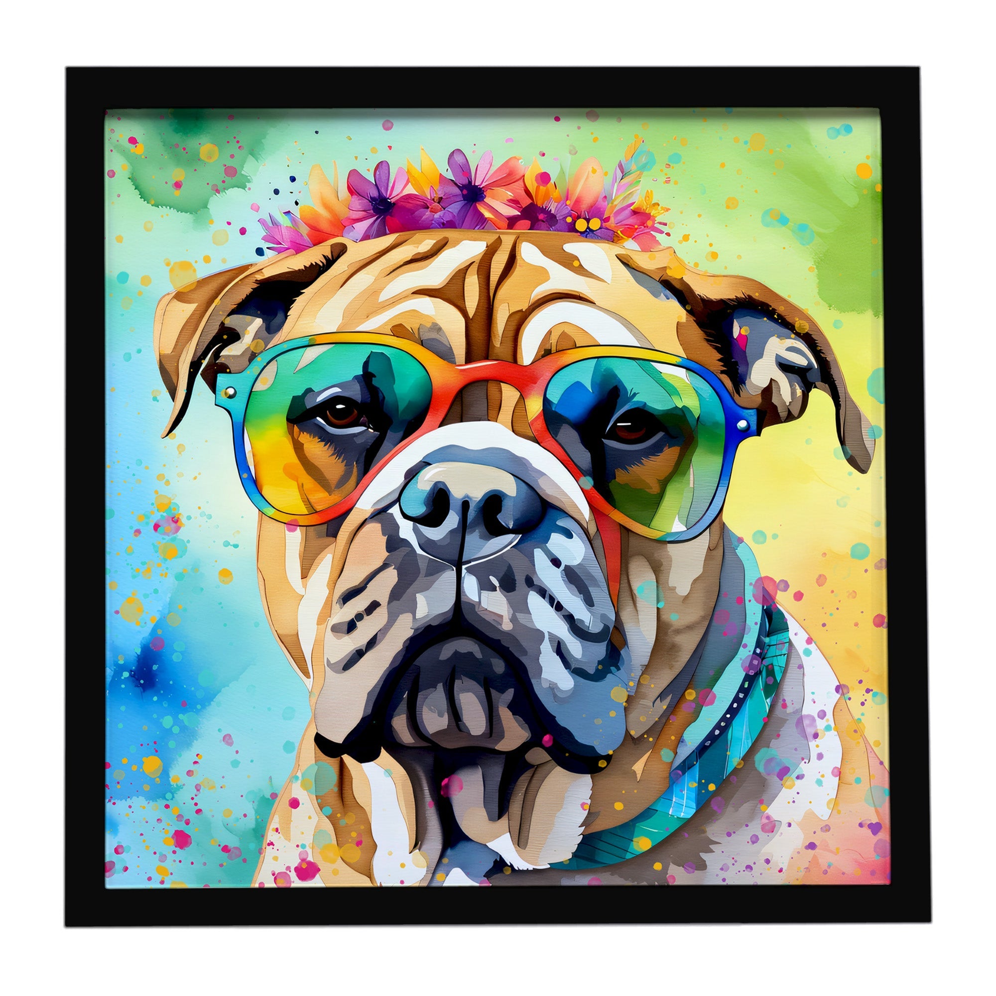 Bullmastiff Hippie Dawg Framed Metal Print Bathroom, Kitchen, Office, Home Decor Wall Art Ready to Hang, Square, 8X8