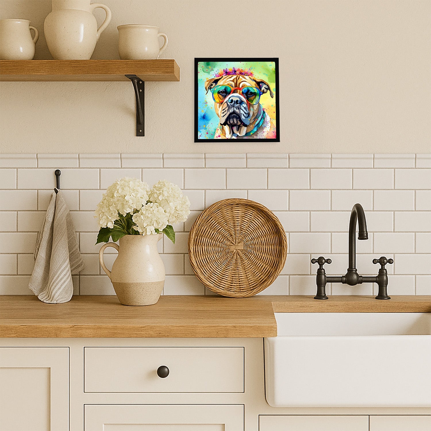 Bullmastiff Hippie Dawg Framed Metal Print Bathroom, Kitchen, Office, Home Decor Wall Art Ready to Hang, Square, 8X8