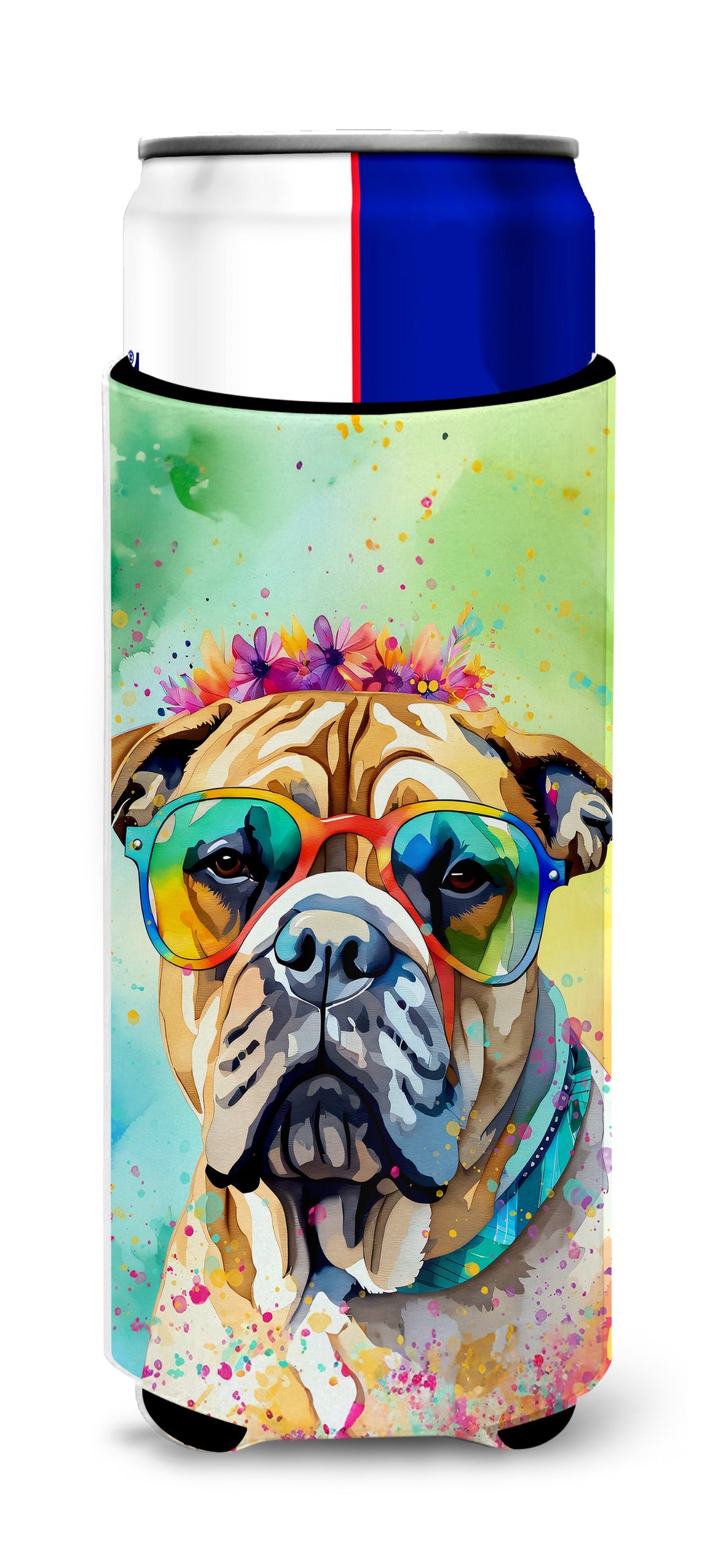 Bullmastiff Hippie Dawg Slim Can Hugger , Insulated Foam Hugger for 12 oz Slim Cans, Beer Bottles & Water Bottles, Printed in USA