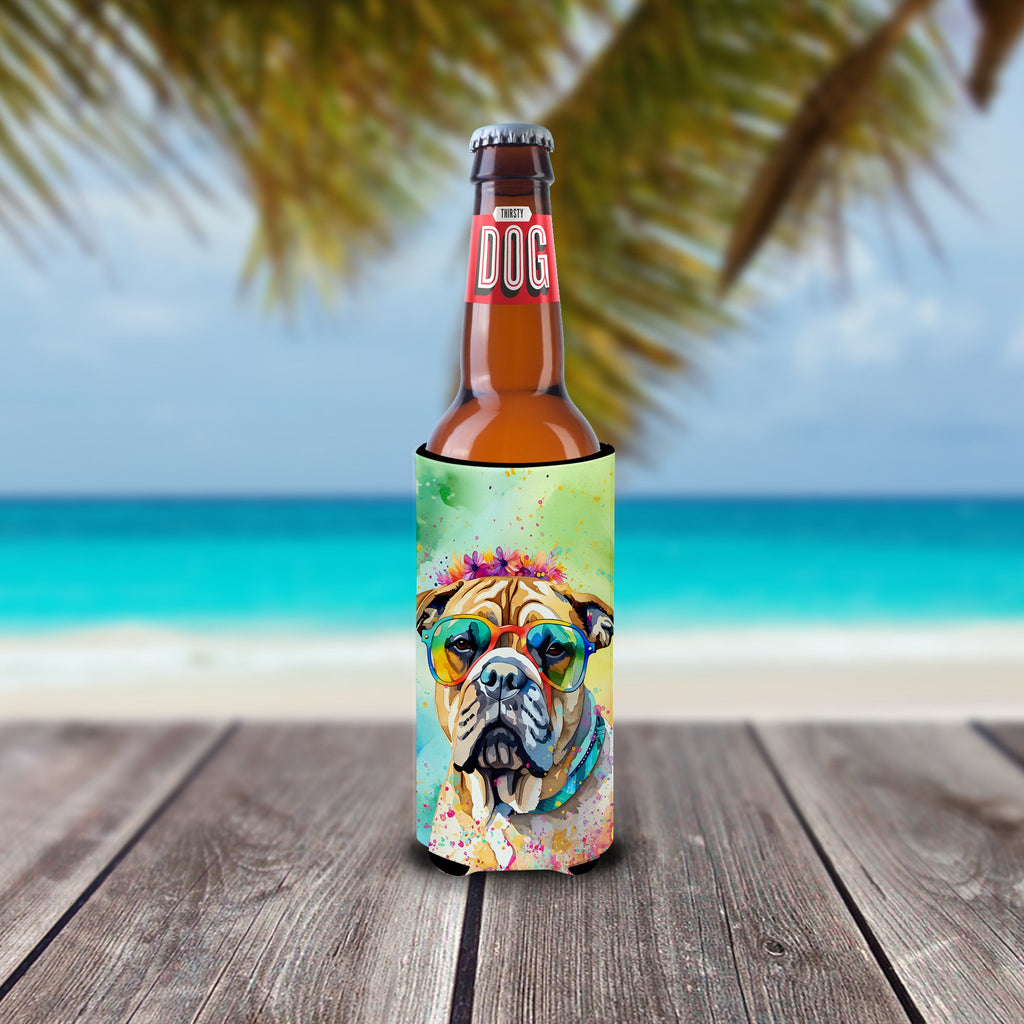 Bullmastiff Hippie Dawg Slim Can Hugger , Insulated Foam Hugger for 12 oz Slim Cans, Beer Bottles & Water Bottles, Printed in USA