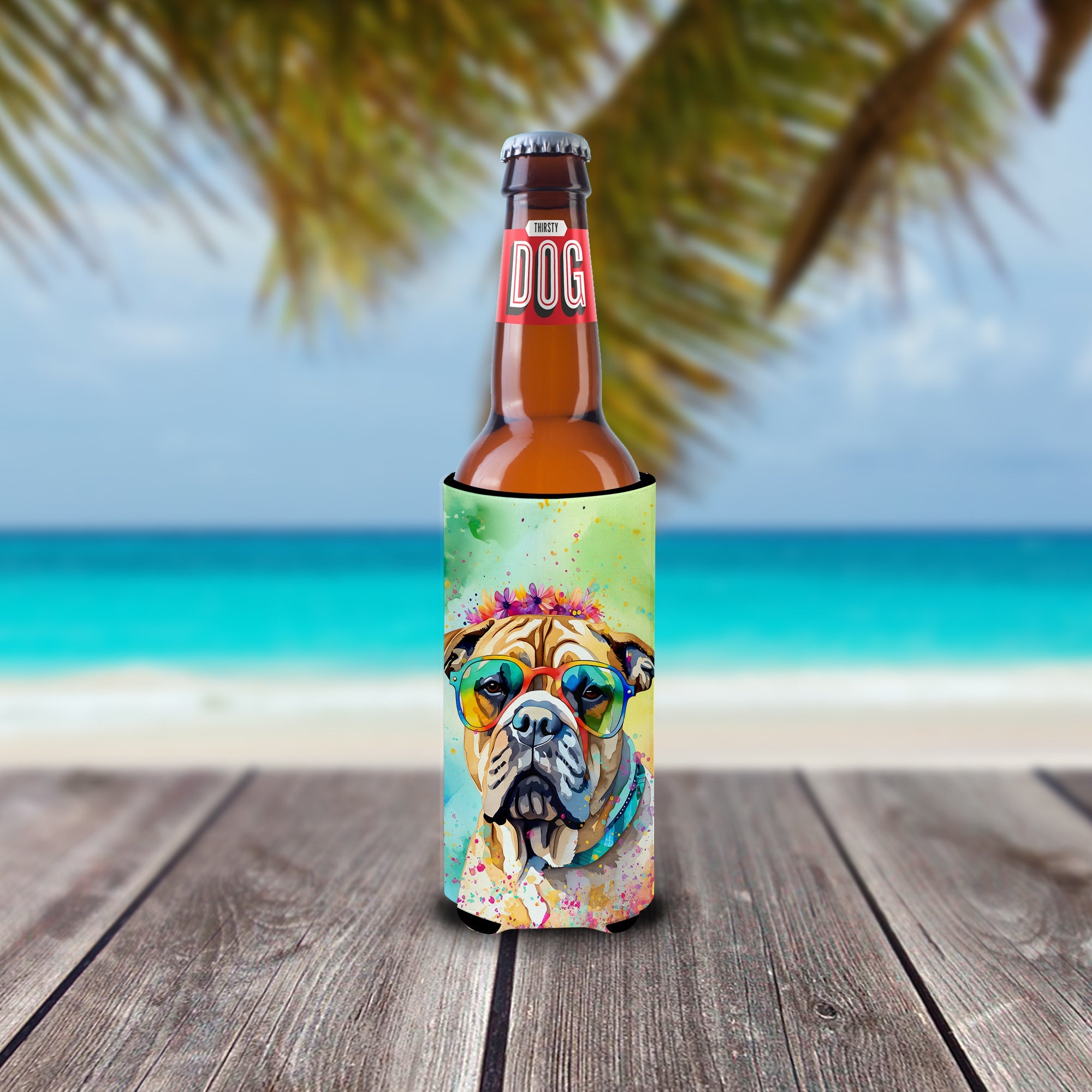 Bullmastiff Hippie Dawg Slim Can Hugger , Insulated Foam Hugger for 12 oz Slim Cans, Beer Bottles & Water Bottles, Printed in USA