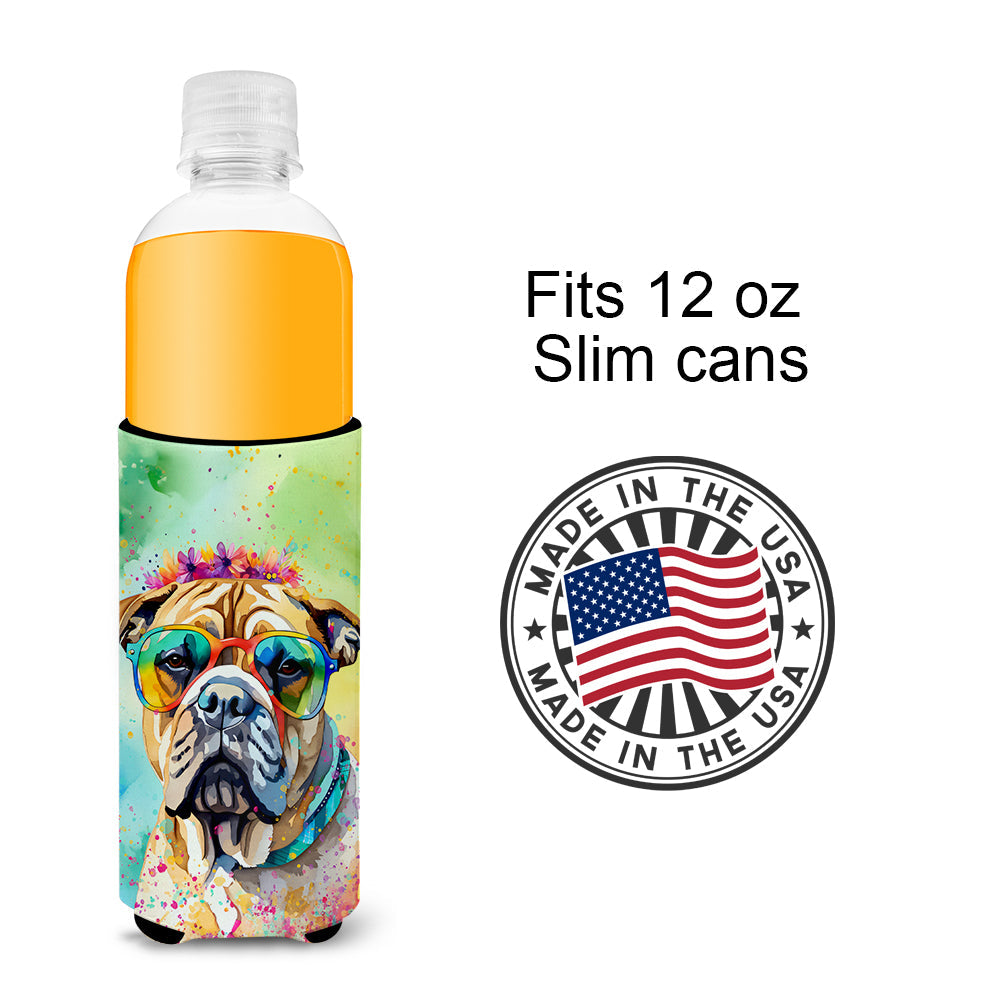 Bullmastiff Hippie Dawg Slim Can Hugger , Insulated Foam Hugger for 12 oz Slim Cans, Beer Bottles & Water Bottles, Printed in USA