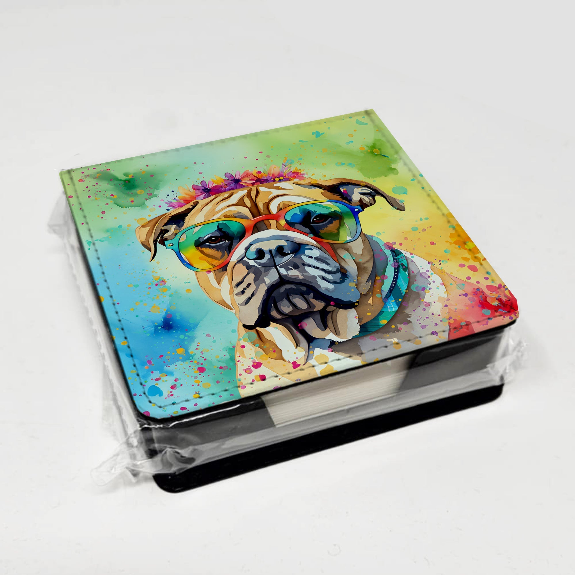 Bullmastiff Hippie Dawg PU Leather Note Paper Holder with Artist-Designed Cover, Desk Accessory, Office Gift