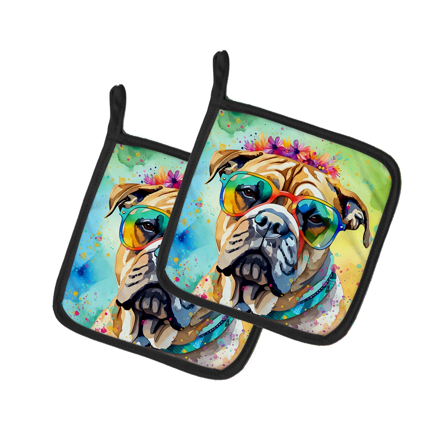 Bullmastiff Hippie Dawg Pot Holder Set of 2 Heat Resistant Quilted Hot Pads 7.5 x 7.5 Inch, Insulated Kitchen Trivets for Cooking & Baking