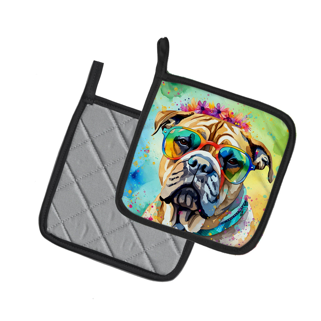 Bullmastiff Hippie Dawg Pot Holder Set of 2 Heat Resistant Quilted Hot Pads 7.5 x 7.5 Inch, Insulated Kitchen Trivets for Cooking & Baking