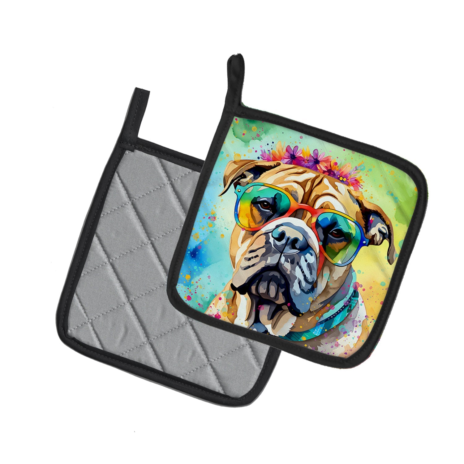 Bullmastiff Hippie Dawg Pot Holder Set of 2 Heat Resistant Quilted Hot Pads 7.5 x 7.5 Inch, Insulated Kitchen Trivets for Cooking & Baking