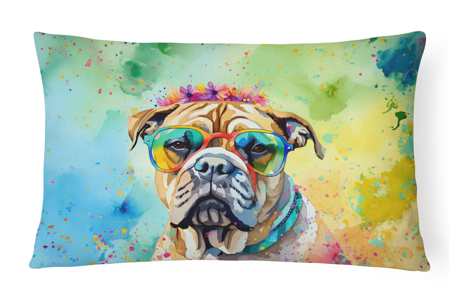 Bullmastiff Hippie Dawg Decorative Throw Pillow 12x16 Indoor Outdoor Accent Cushion, Fabric Cover with Insert for Sofa, Bed, Porch & Living Room
