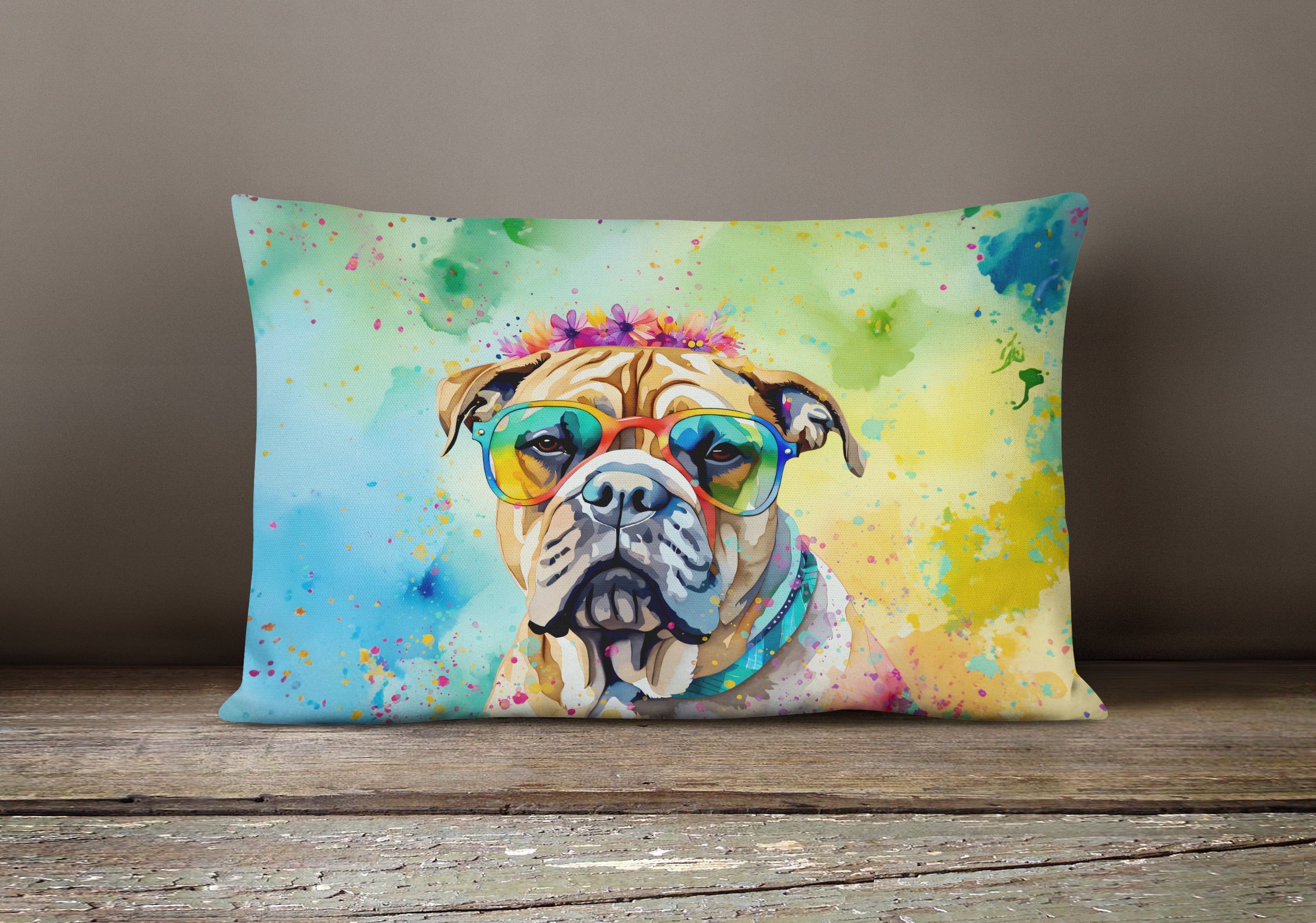 Bullmastiff Hippie Dawg Decorative Throw Pillow 12x16 Indoor Outdoor Accent Cushion, Fabric Cover with Insert for Sofa, Bed, Porch & Living Room
