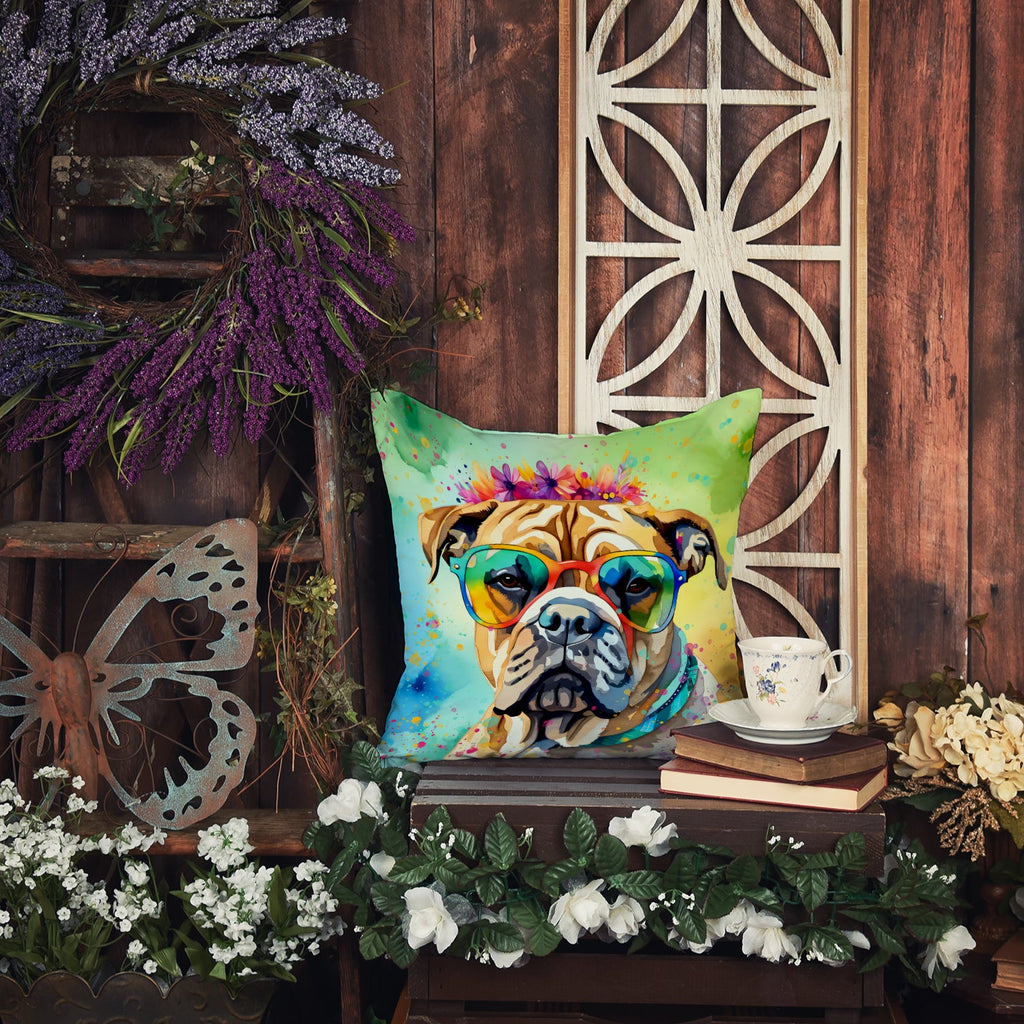 Bullmastiff Hippie Dawg Decorative Throw Pillow 14x14 Indoor Outdoor Accent Cushion, Fabric Cover with Insert for Sofa, Bed, Porch & Living Room