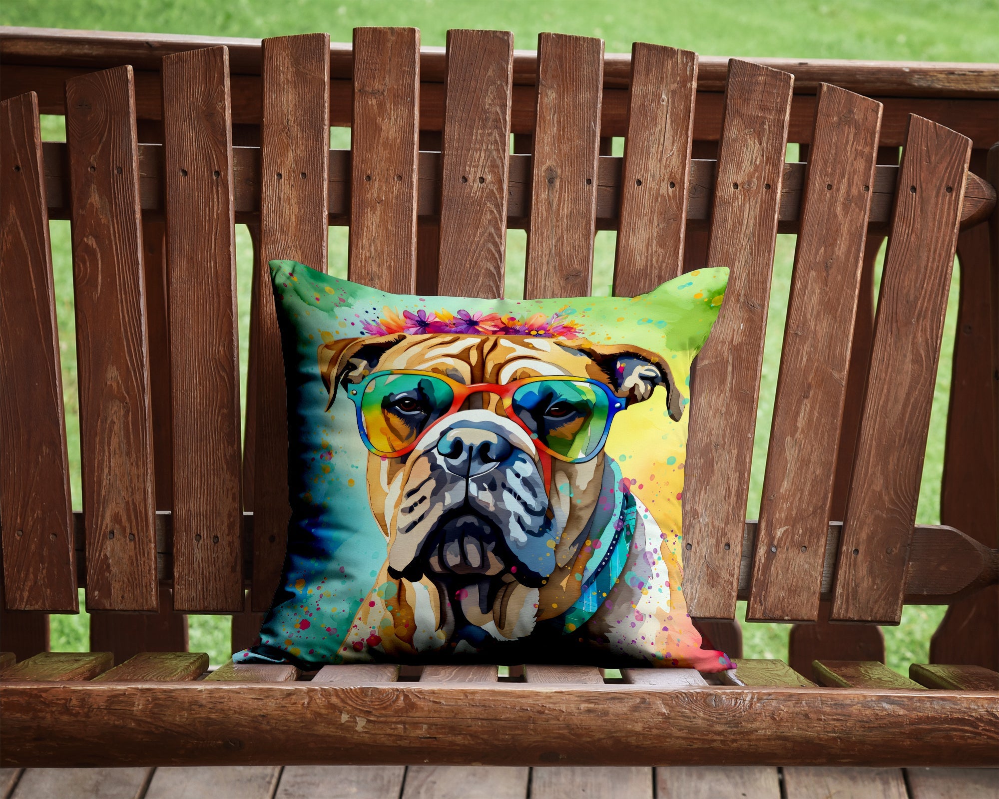 Bullmastiff Hippie Dawg Decorative Throw Pillow 14x14 Indoor Outdoor Accent Cushion, Fabric Cover with Insert for Sofa, Bed, Porch & Living Room