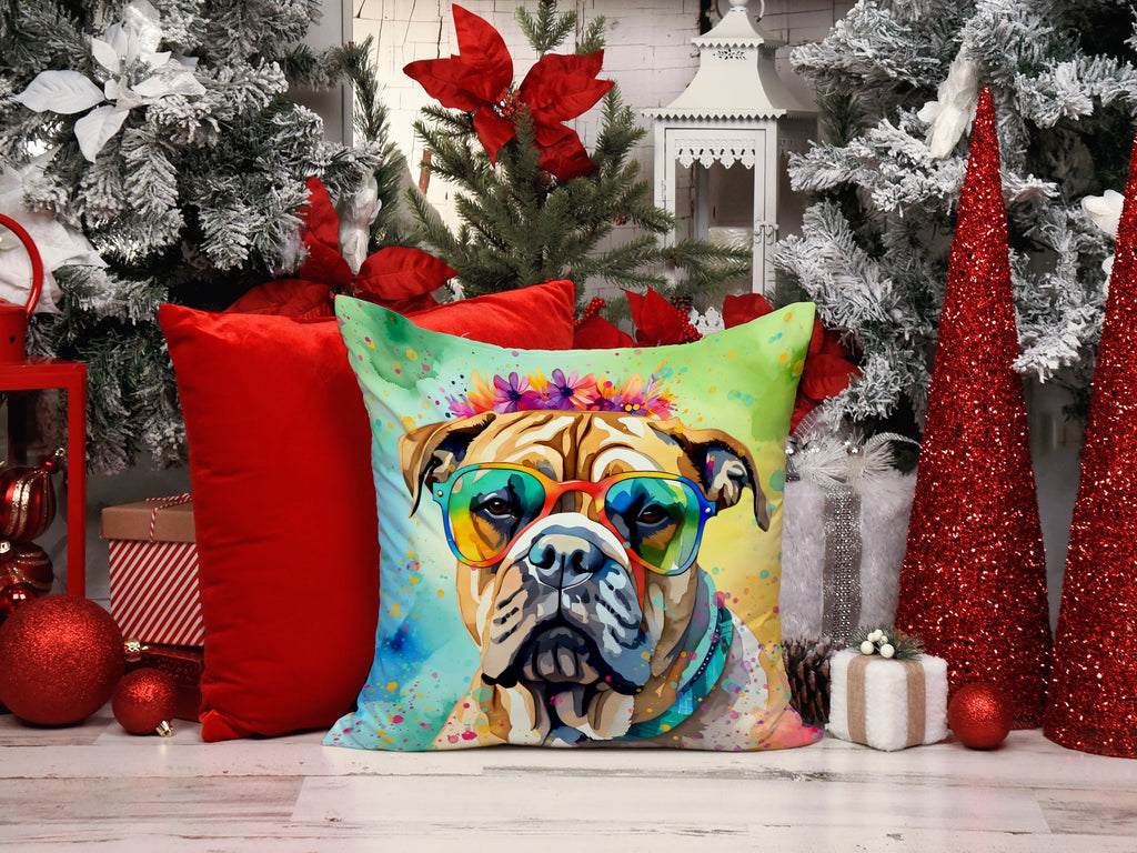 Bullmastiff Hippie Dawg Decorative Throw Pillow 18x18 Indoor Outdoor Accent Cushion, Fabric Cover with Insert for Sofa, Bed, Porch & Living Room