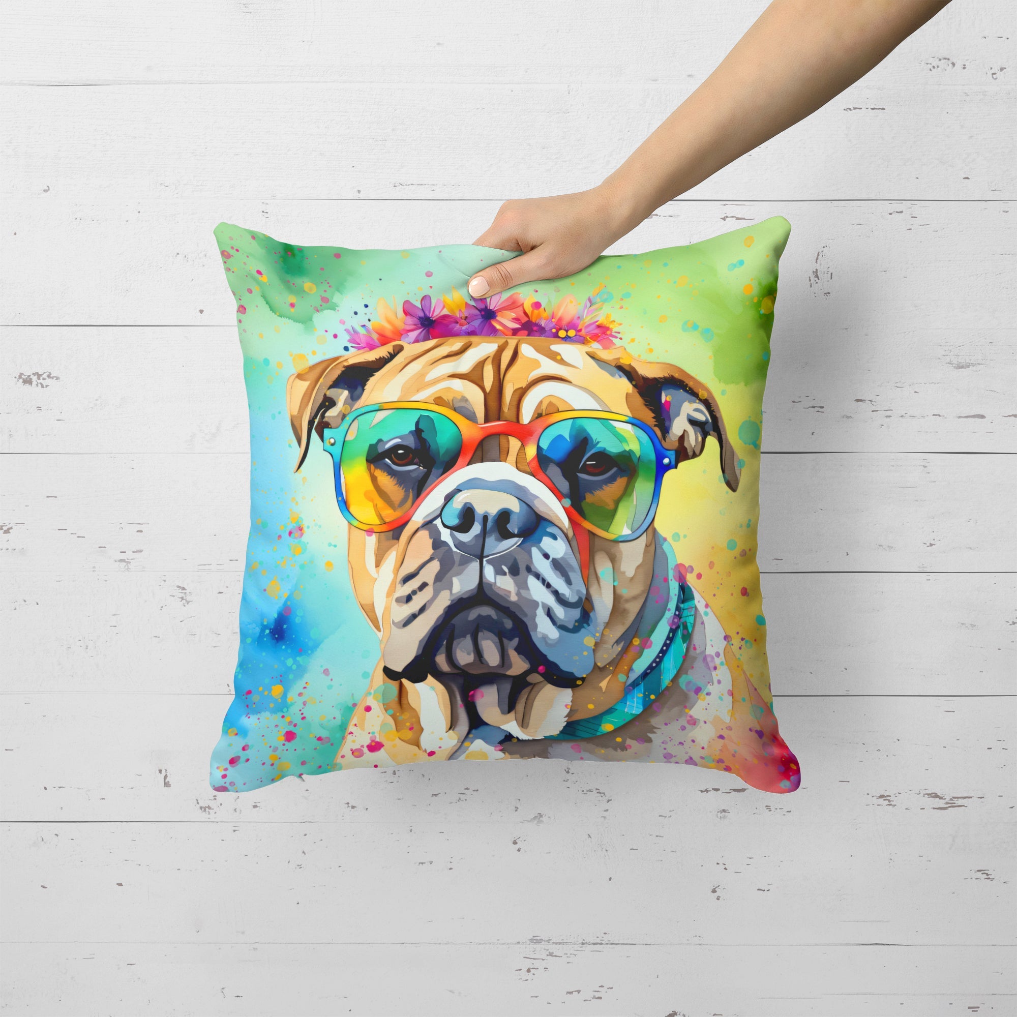 Bullmastiff Hippie Dawg Decorative Throw Pillow 18x18 Indoor Outdoor Accent Cushion, Fabric Cover with Insert for Sofa, Bed, Porch & Living Room